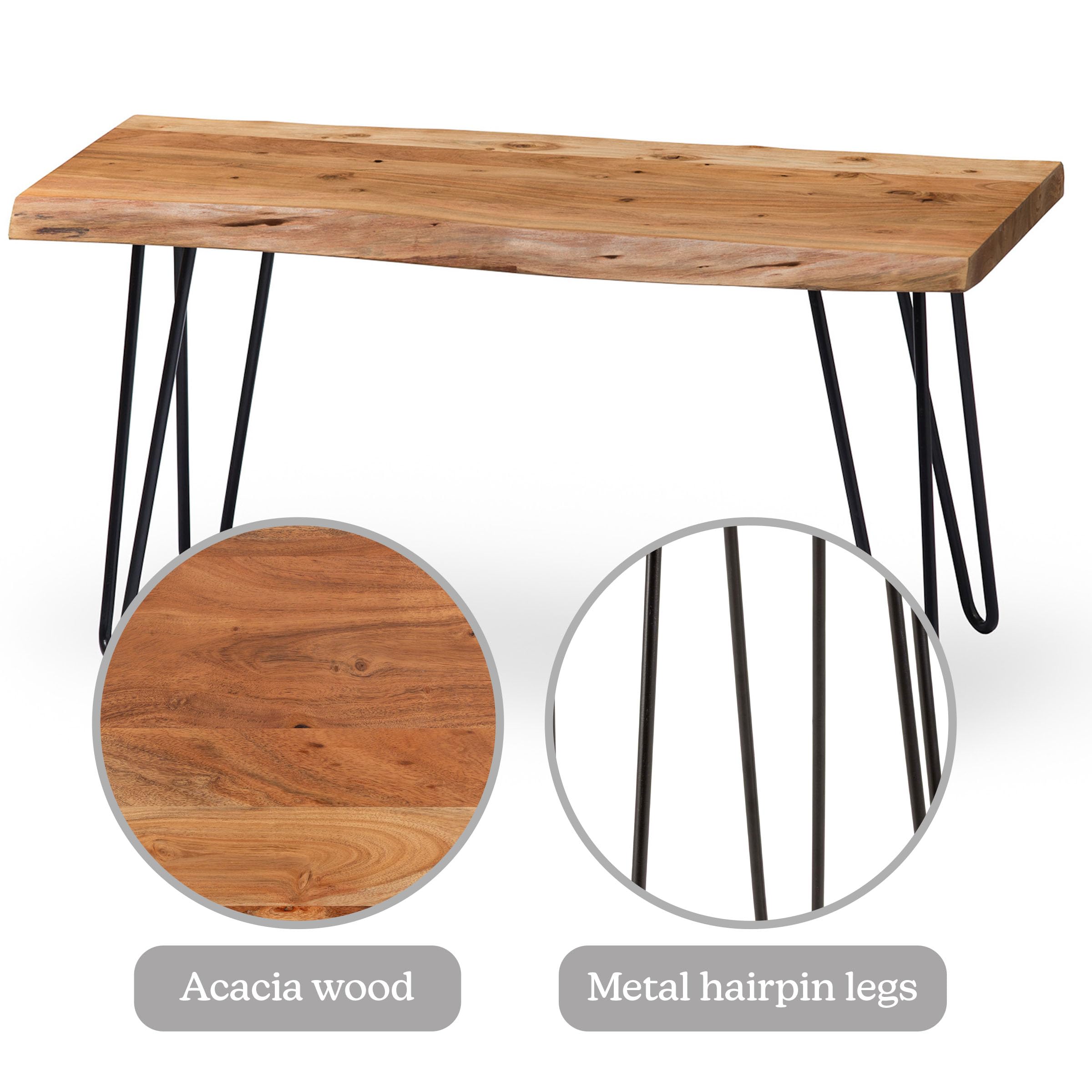 Live Edge Solid Wood Bench with Metal Hairpin Legs 36 Inch