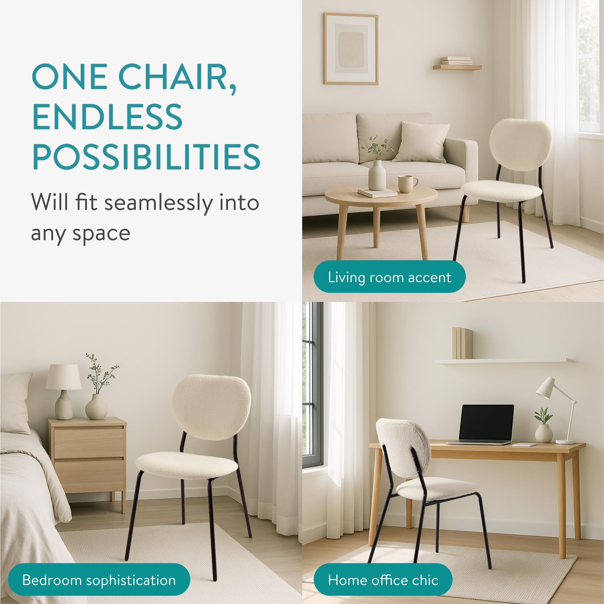 Boucle Dining Chairs Set of 2 - Modern Upholstered with Metal Legs