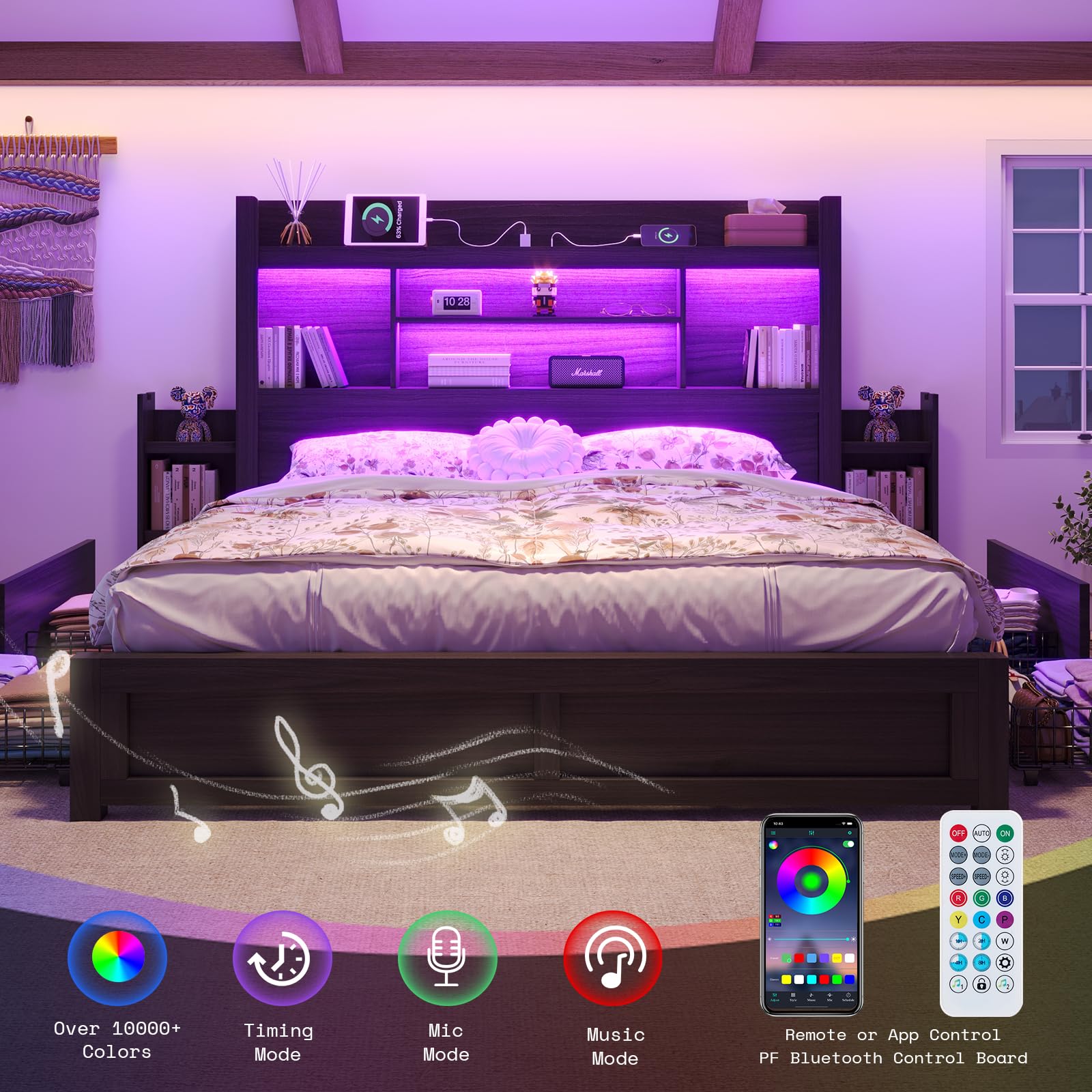 King Bed Frame with Bookcase Headboard and Storage Drawers