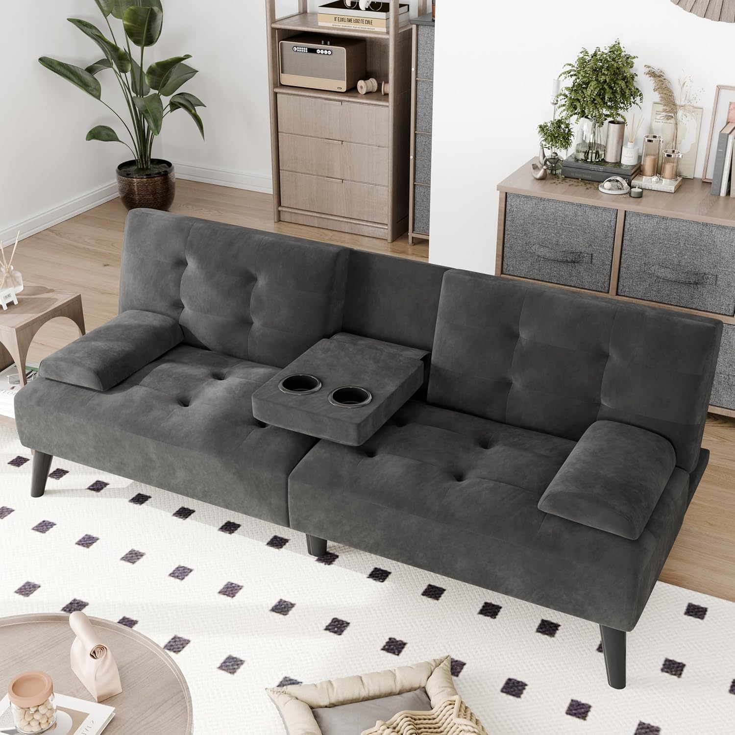 Pink Velvet Convertible Futon Sofa Bed with Cup Holders