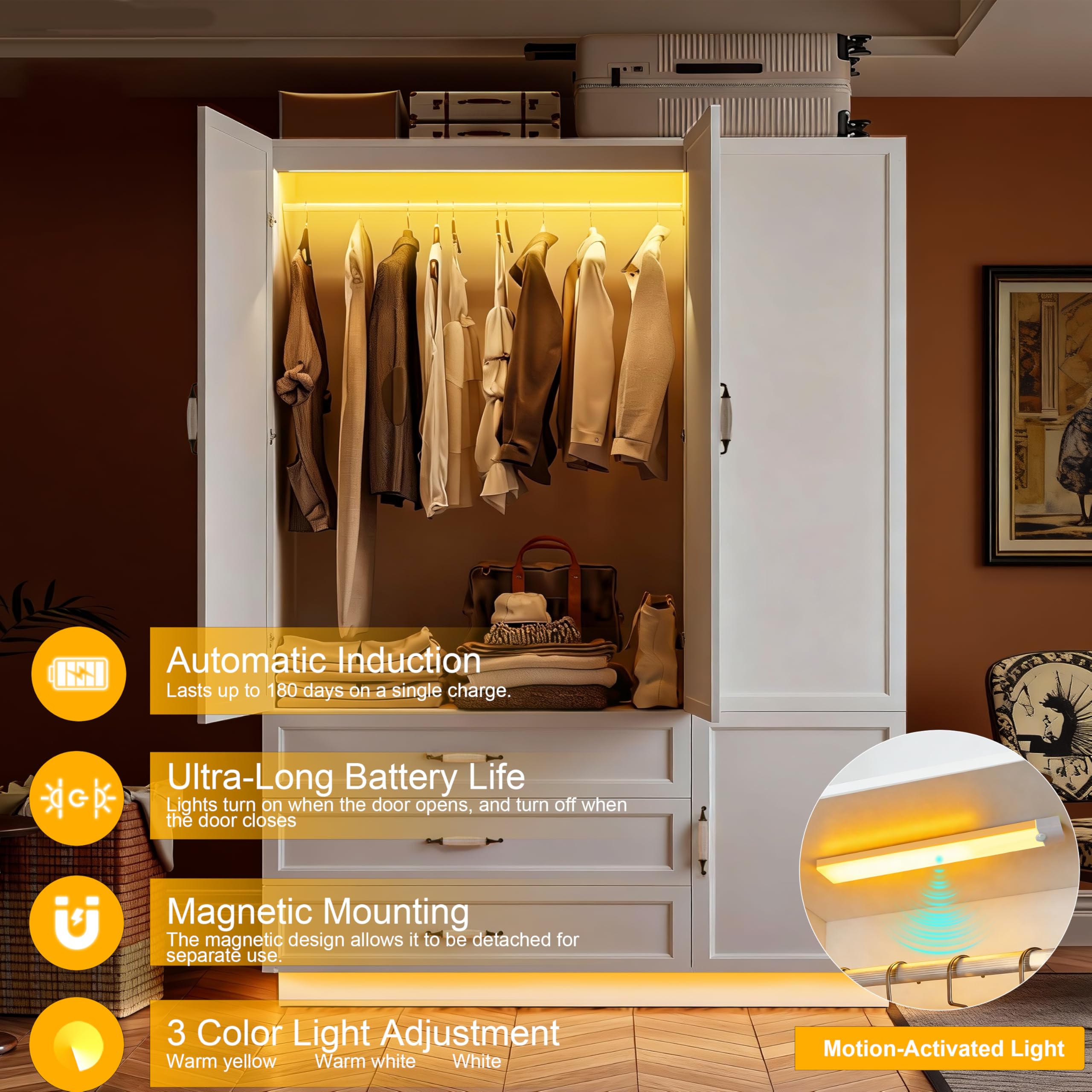 72" Armoire Wardrobe Closet with 3 Drawers and LED Light