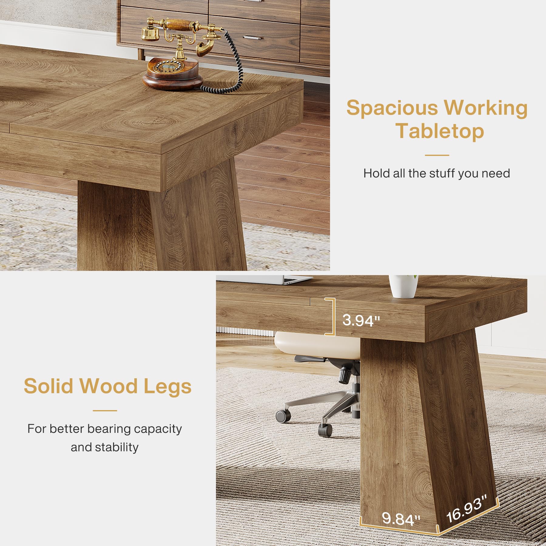 55-Inch Executive Desk Mid-Century Modern Wood Computer Table