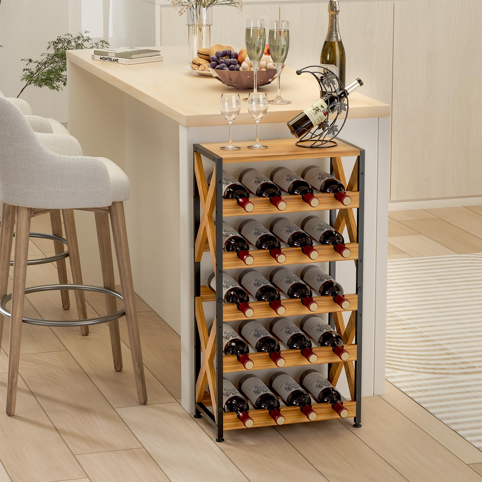 20 Bottle Wine Rack Freestanding Floor with Wood Top