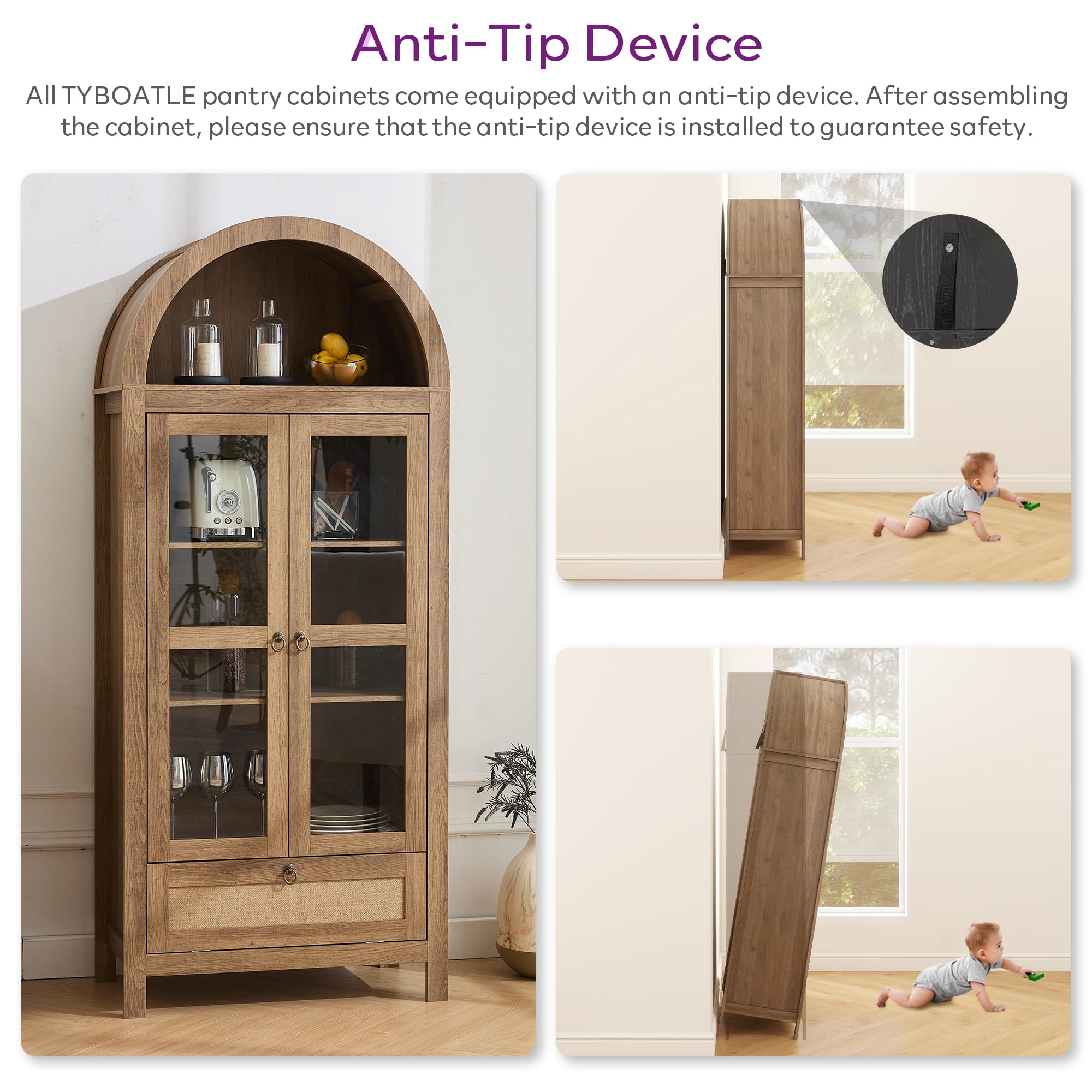 71" Tall Arched Pantry Cabinet with Drawer and Glass Door