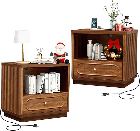 Fluted Nightstand with Charging Station and Drawer Storage