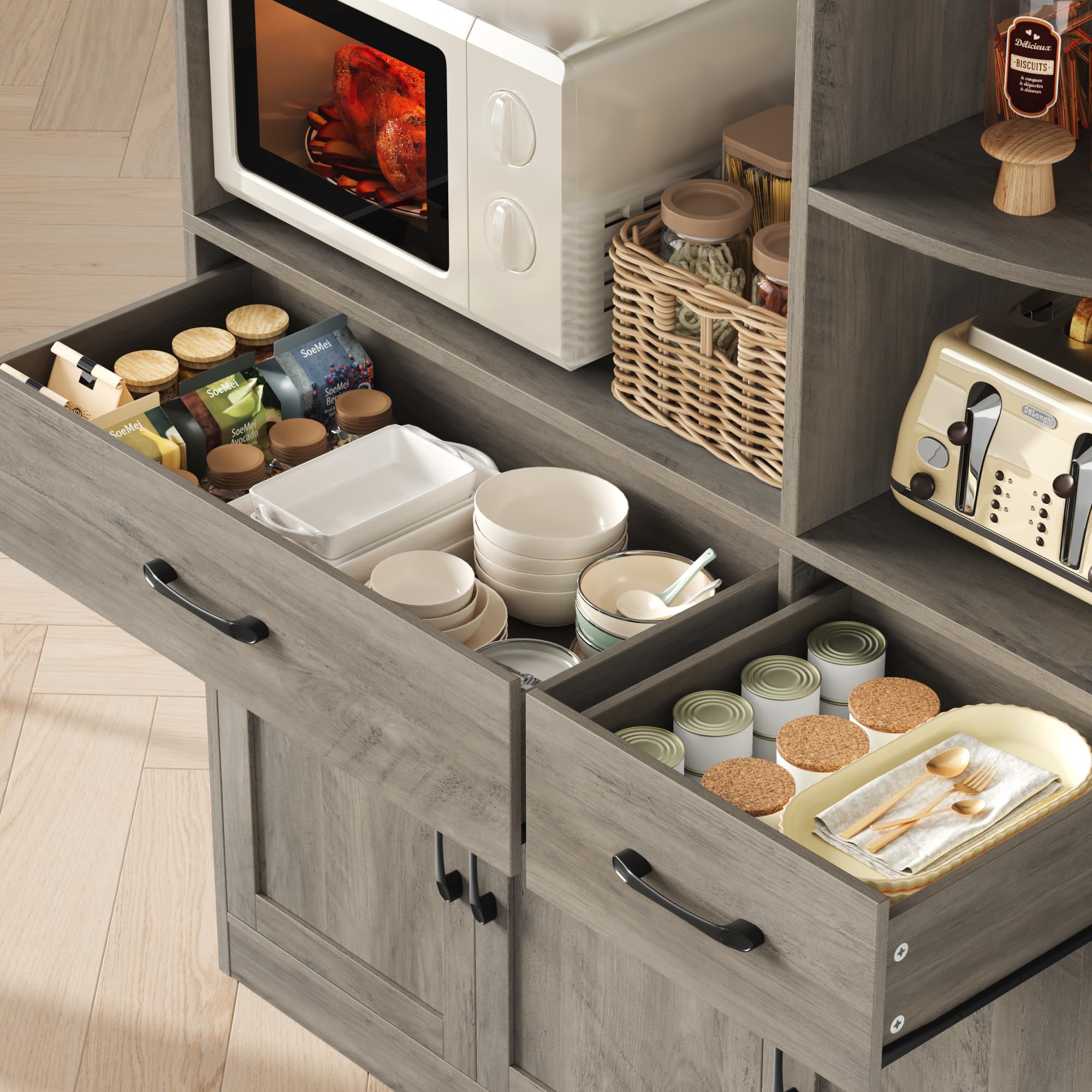 67" Kitchen Pantry Cabinet with Microwave Stand