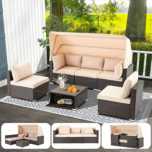 6-Piece Patio Sectional Sofa Set with Retractable Canopy
