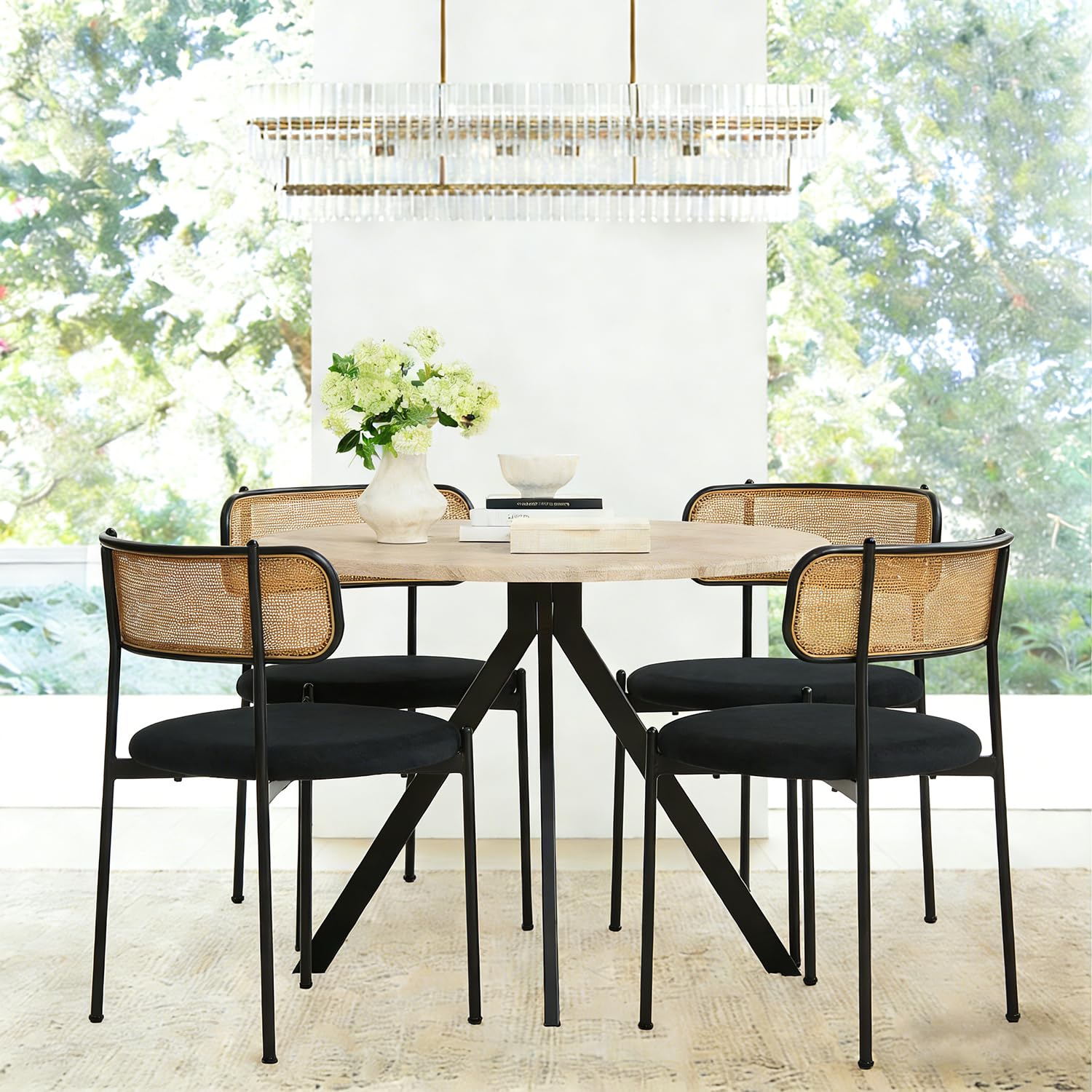 Rattan Dining Chairs Set of 4 with Velvet Cushion