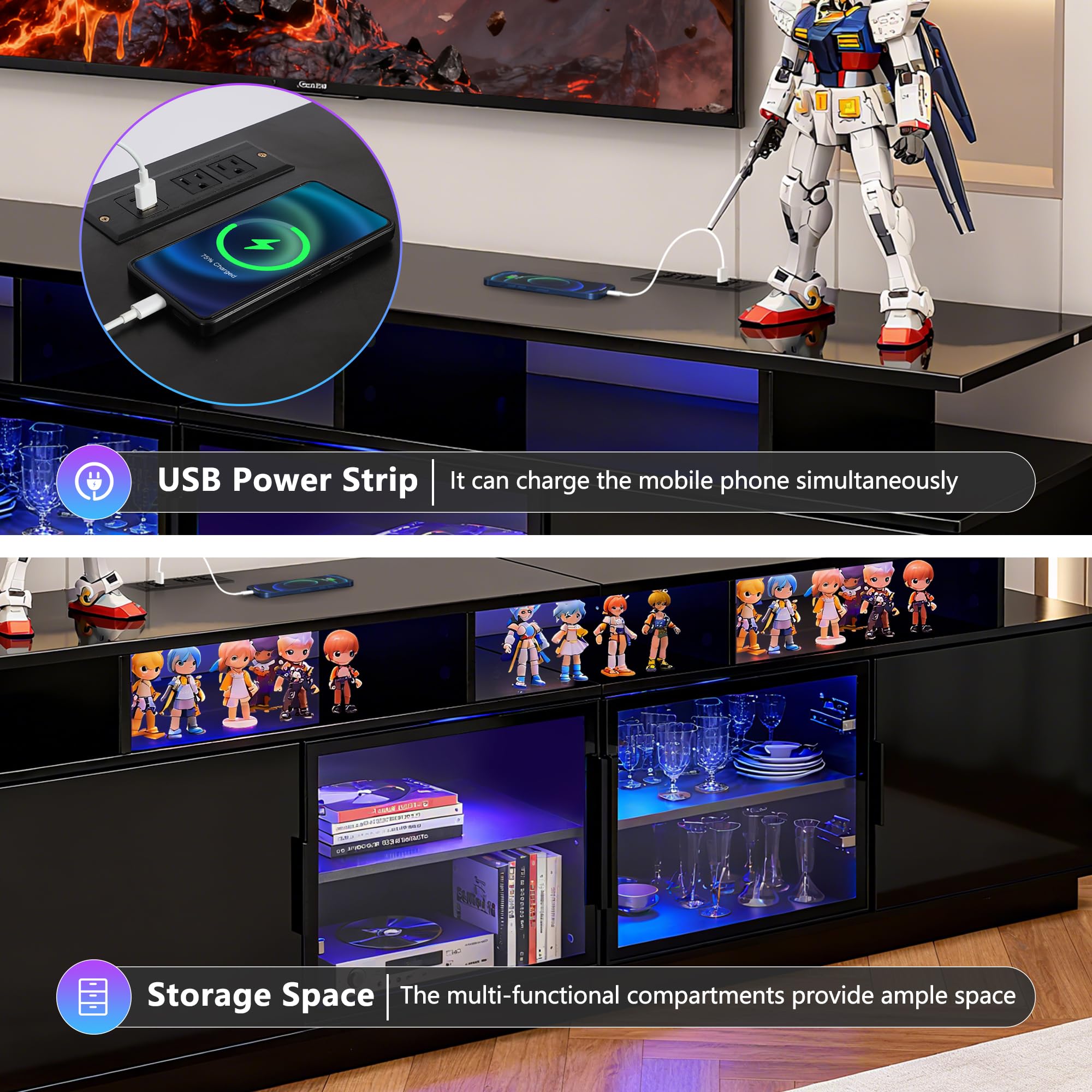 70 Inch TV Stand with LED Lights and Charging Station