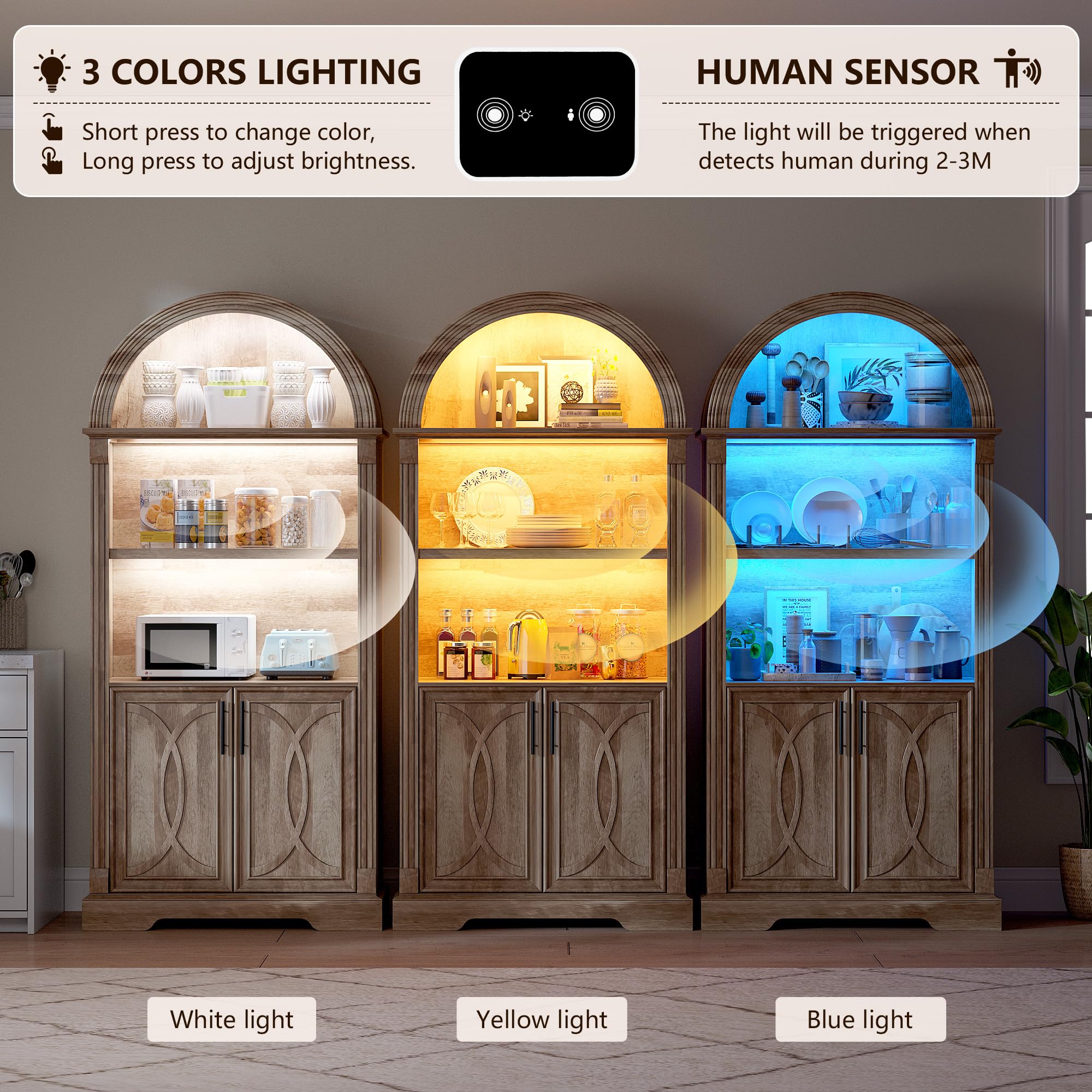 Arched Kitchen Pantry Cabinet with LED Light