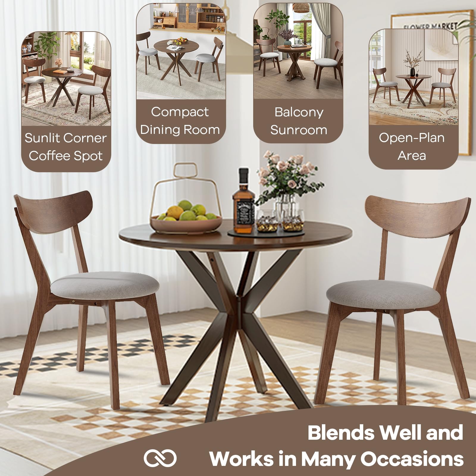 Round Dining Table Set for 2 with Cushioned Chairs