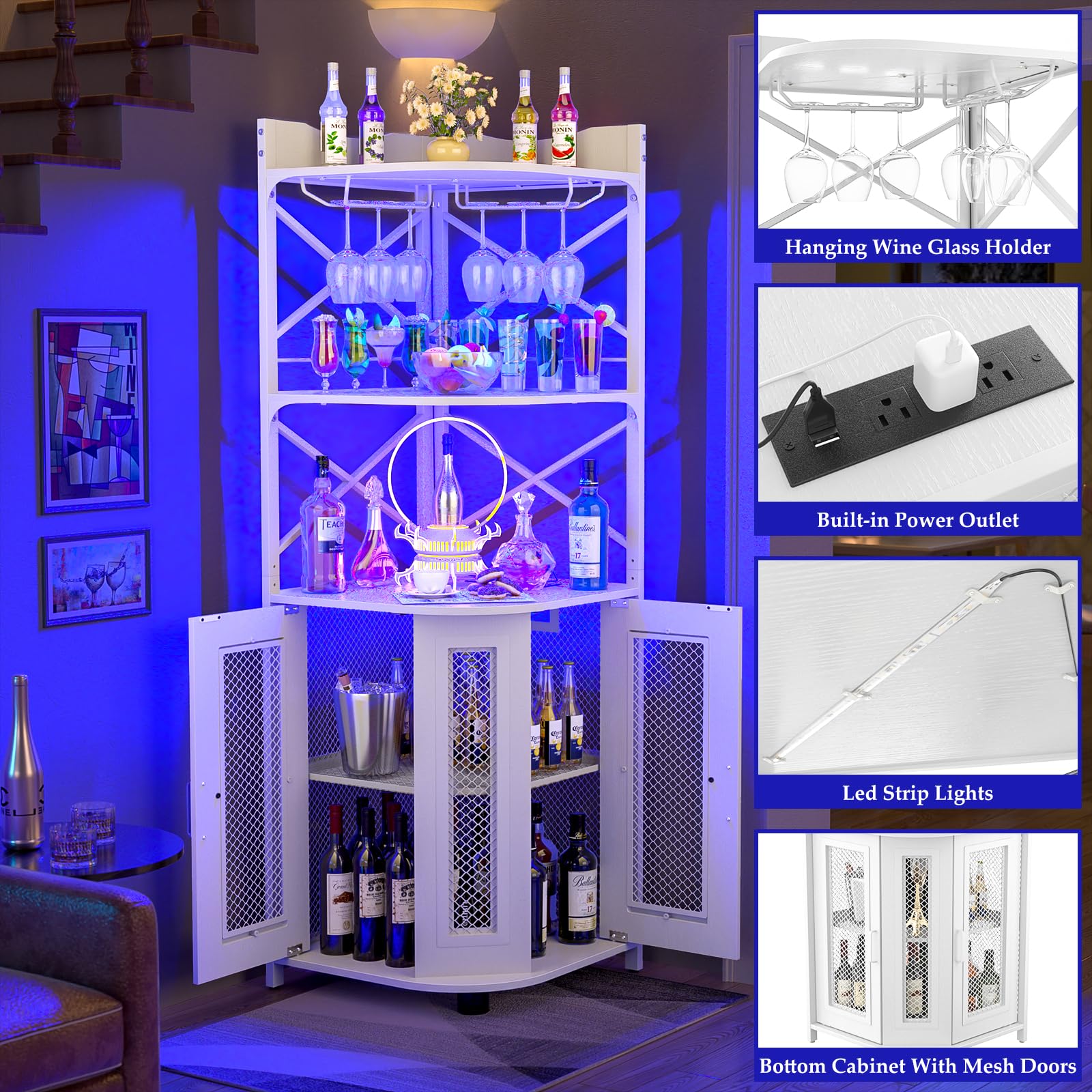 Corner Bar Cabinet with Power Outlet and LED Lights
