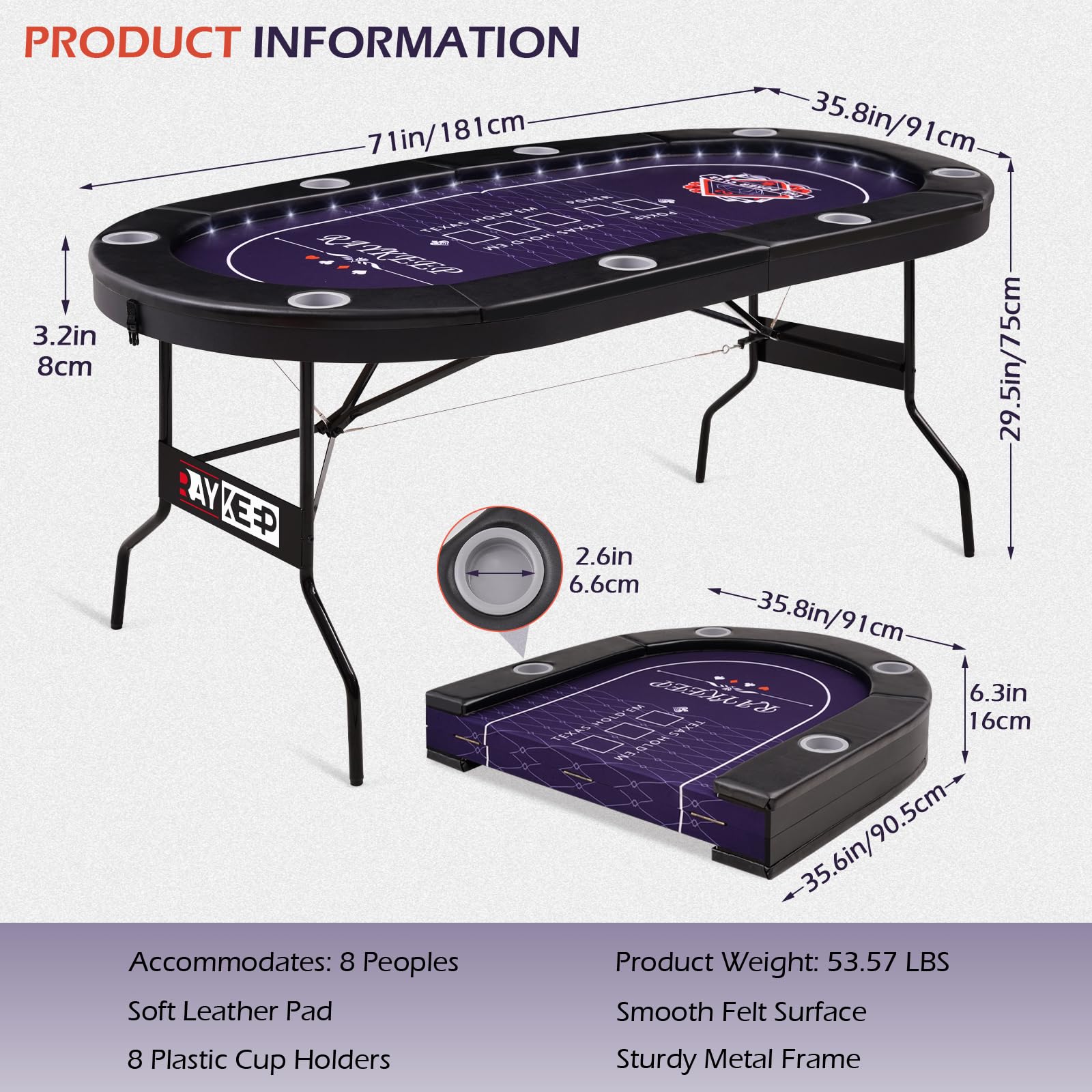 LED Poker Table 8 Player Foldable