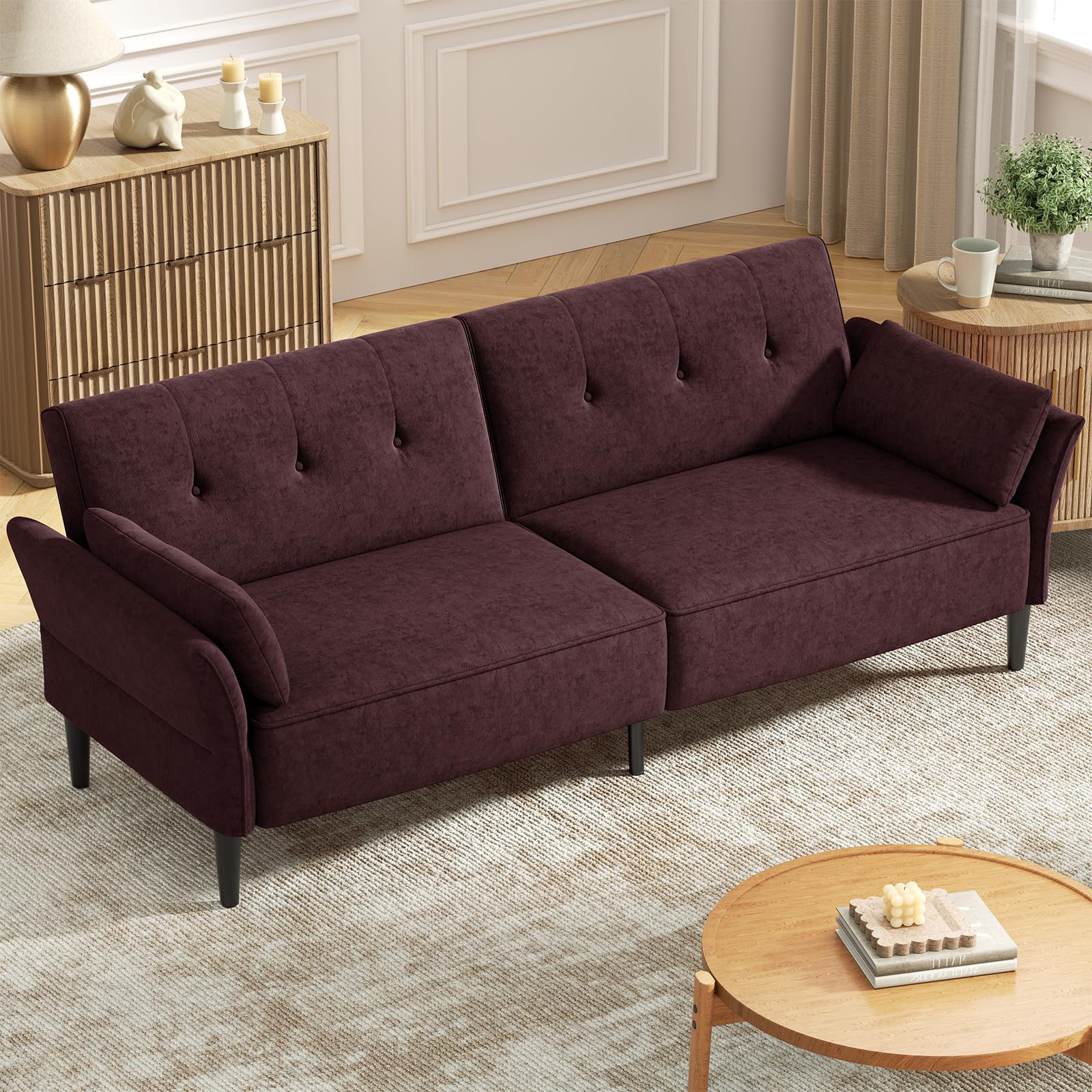 Convertible Futon Sofa Bed with Adjustable Backrest and Armrests