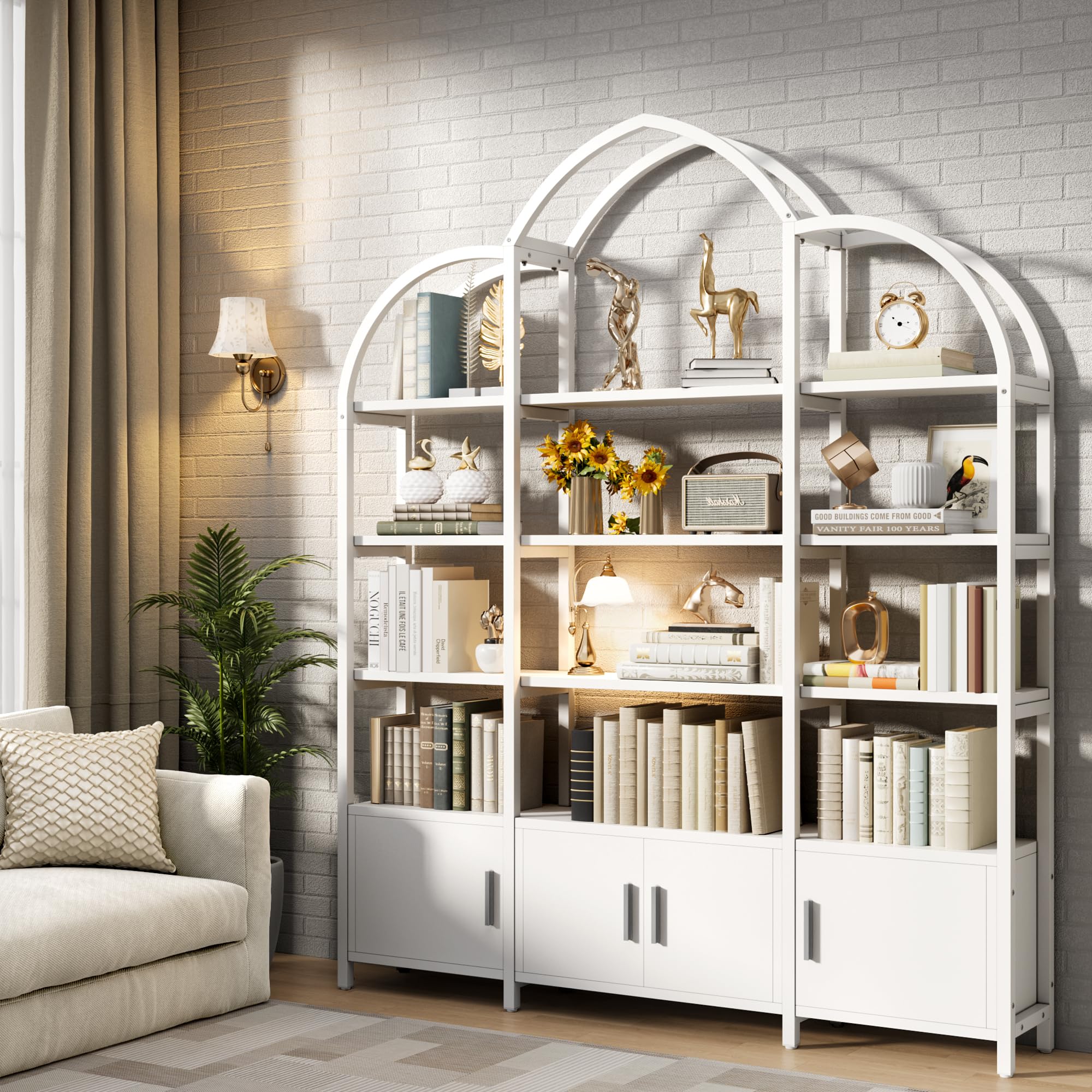 Tall Arched Bookshelf with 3 Cabinets - Triple Wide 5 Tier Industrial Etagere