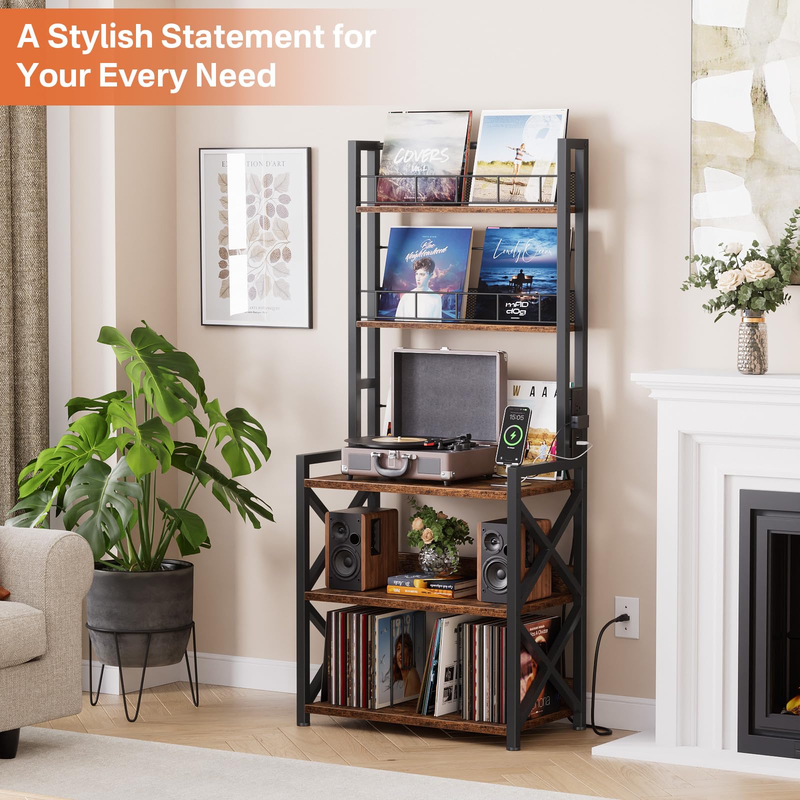 5-Tier Vinyl Record Storage Rack with Turntable Stand