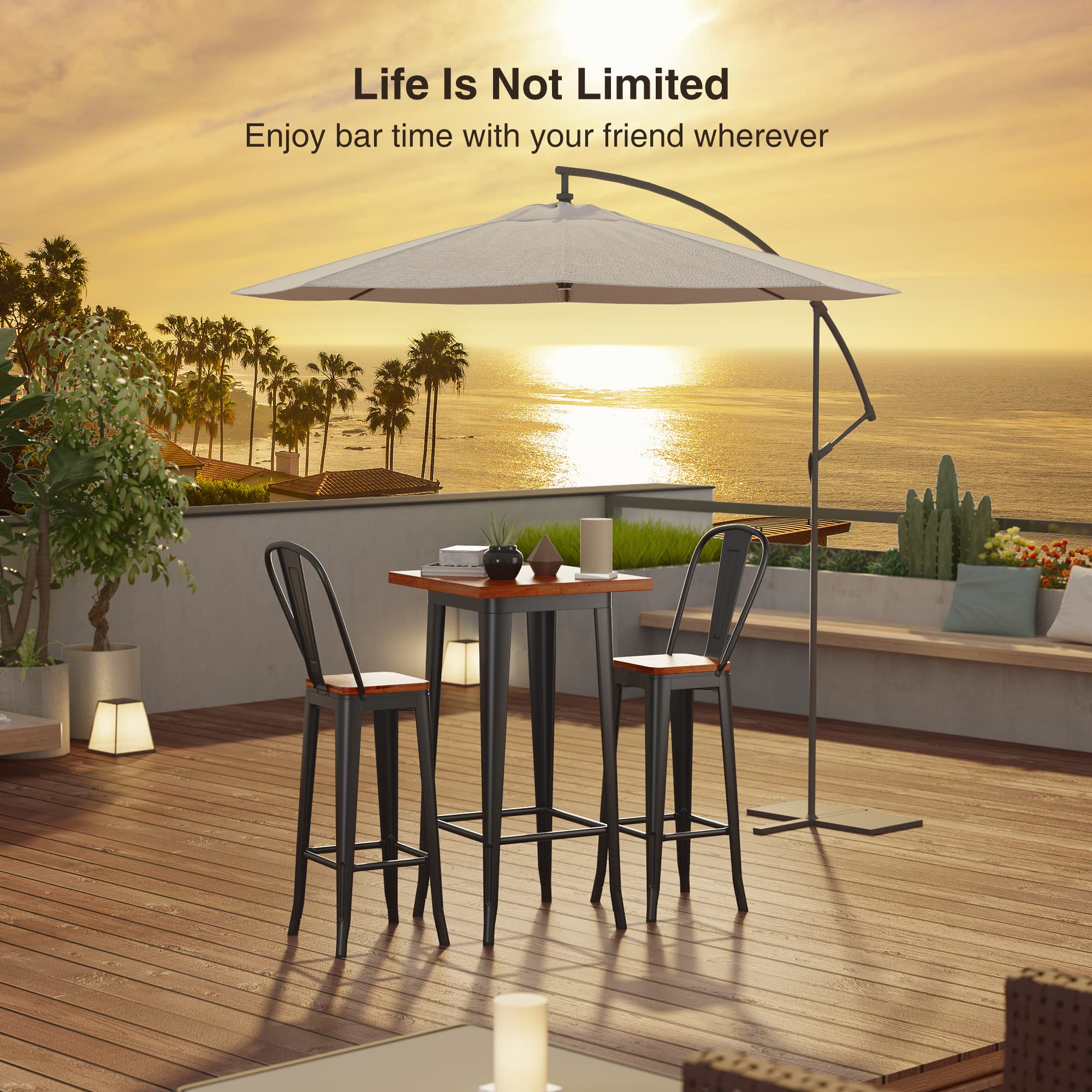 Bar Table and Chairs Set of 2 with Elm Wood and Metal Frame