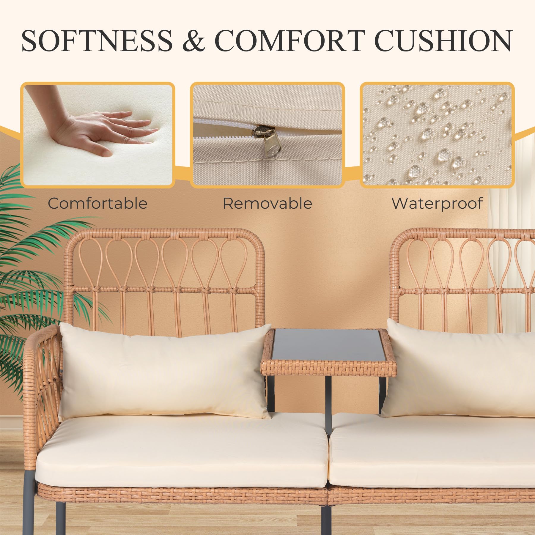 2 Seat Outdoor Rattan Loveseat with Built-In Table