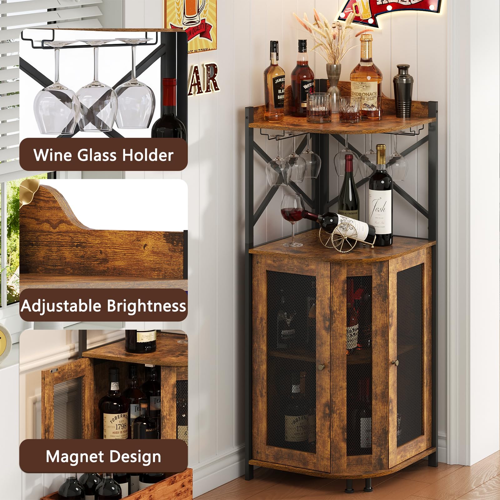 Corner Wine Bar Cabinet with LED Lights