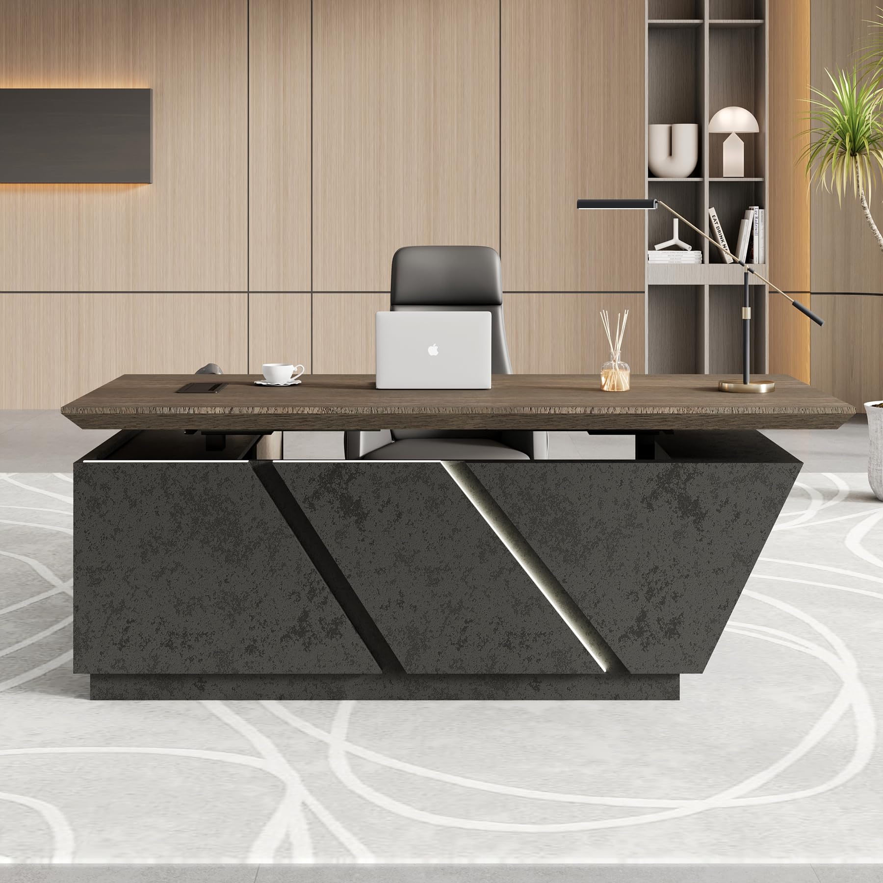 Adjustable Executive L-Shaped Desk with Drawers and LED Light