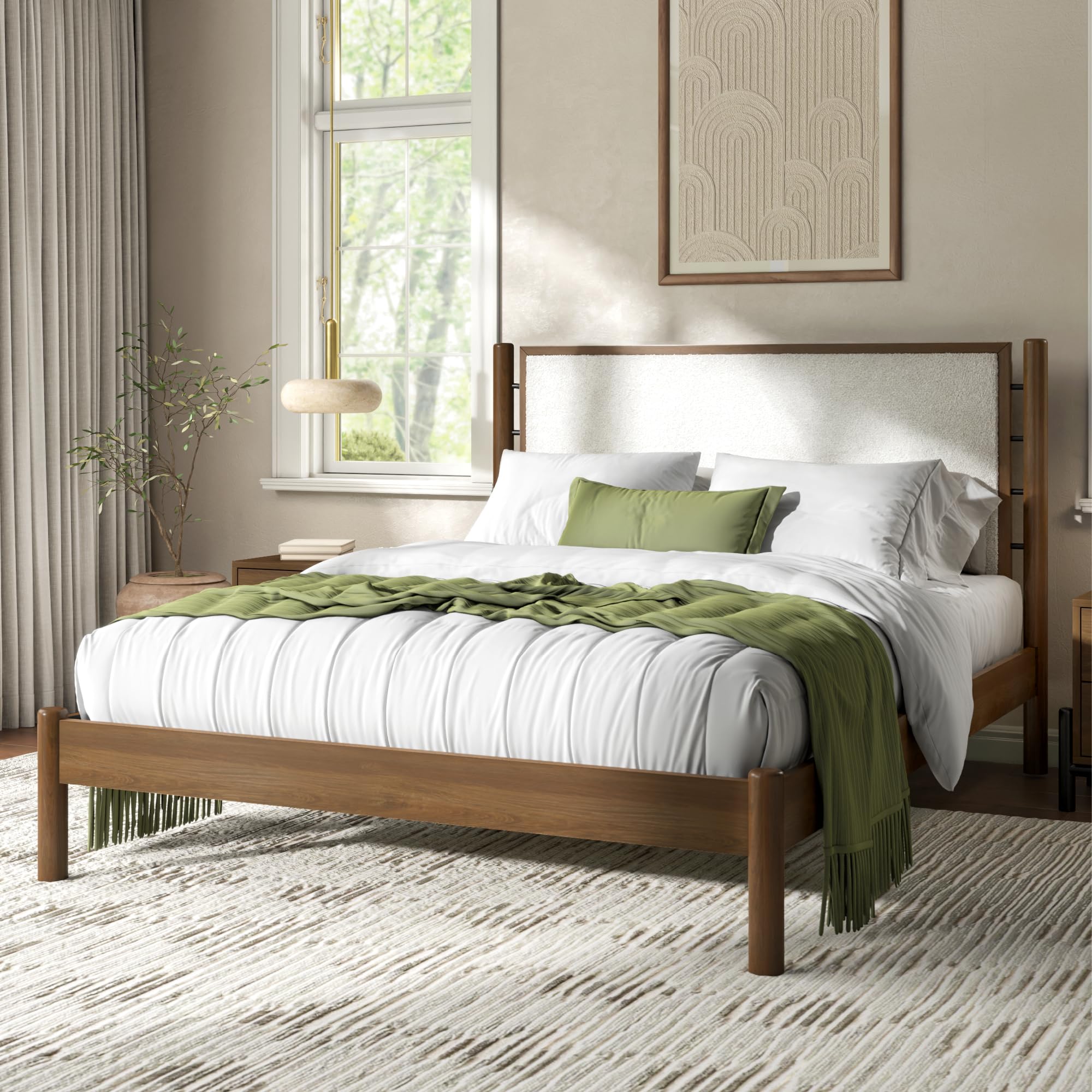 Queen Solid Wood Bed Frame with Upholstered Boucle Headboard
