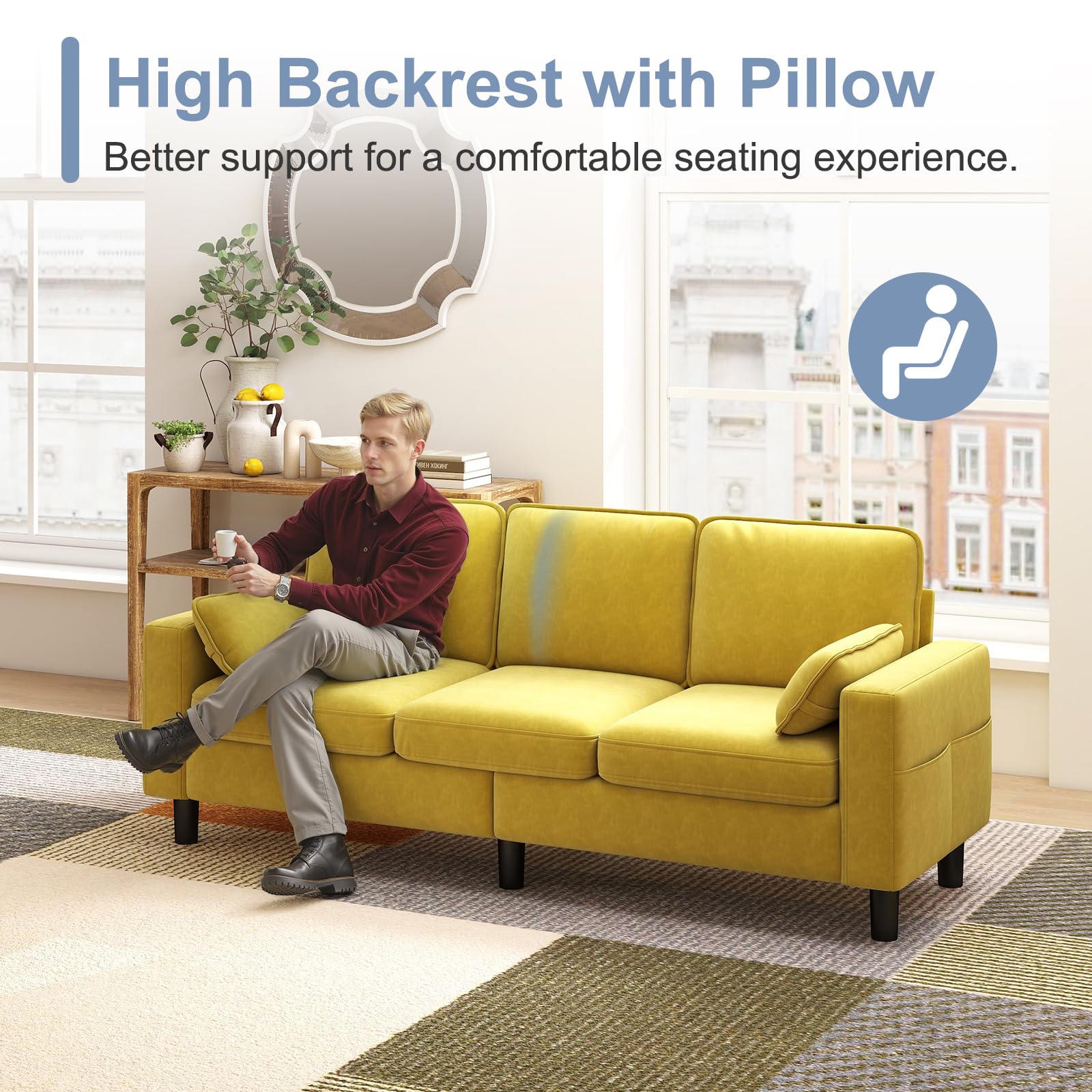 78 Inch 3 Seater Sofa Couch with Deep Seat and Armrest Pillow