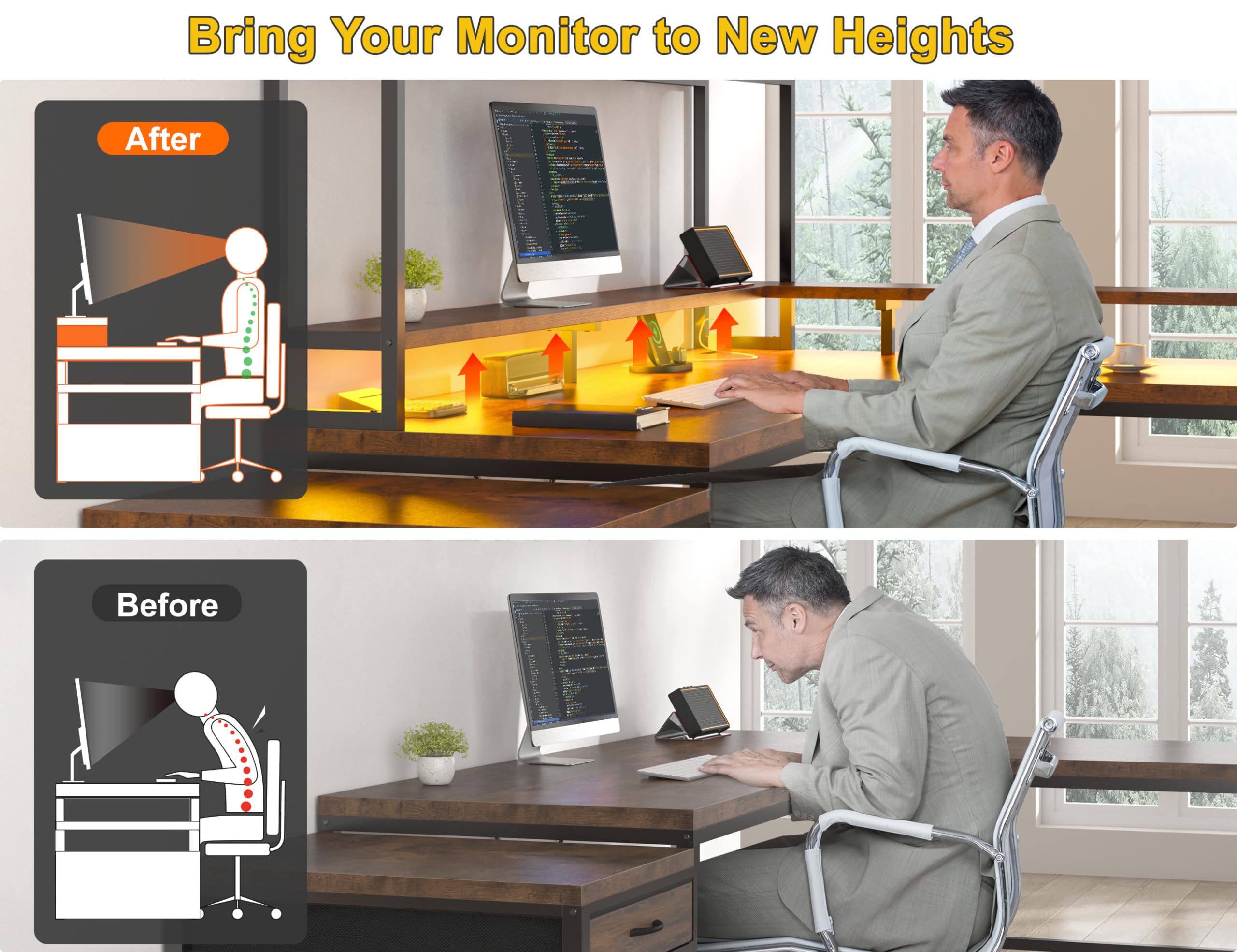 L-Shaped Gaming Desk with Hutch and LED Lights