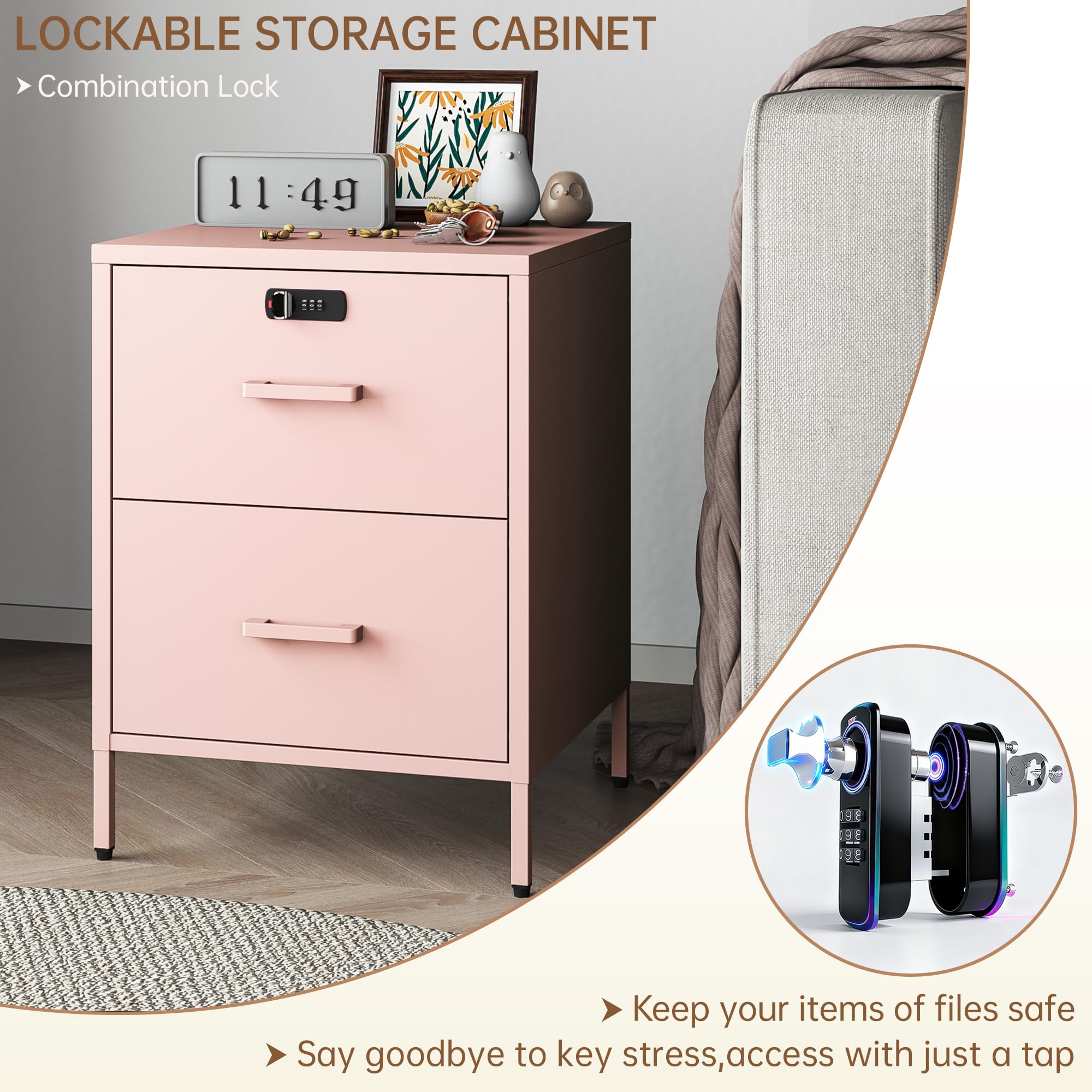 2 Drawer Lockable Metal Nightstand End Table