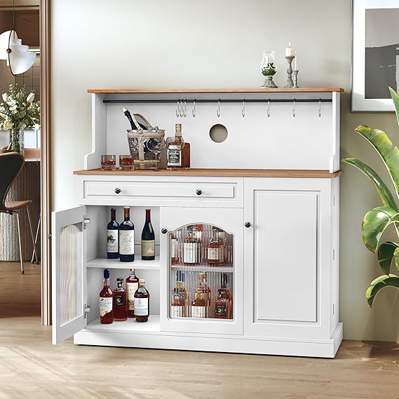 Coffee Bar Cabinet with Storage and Glass Doors