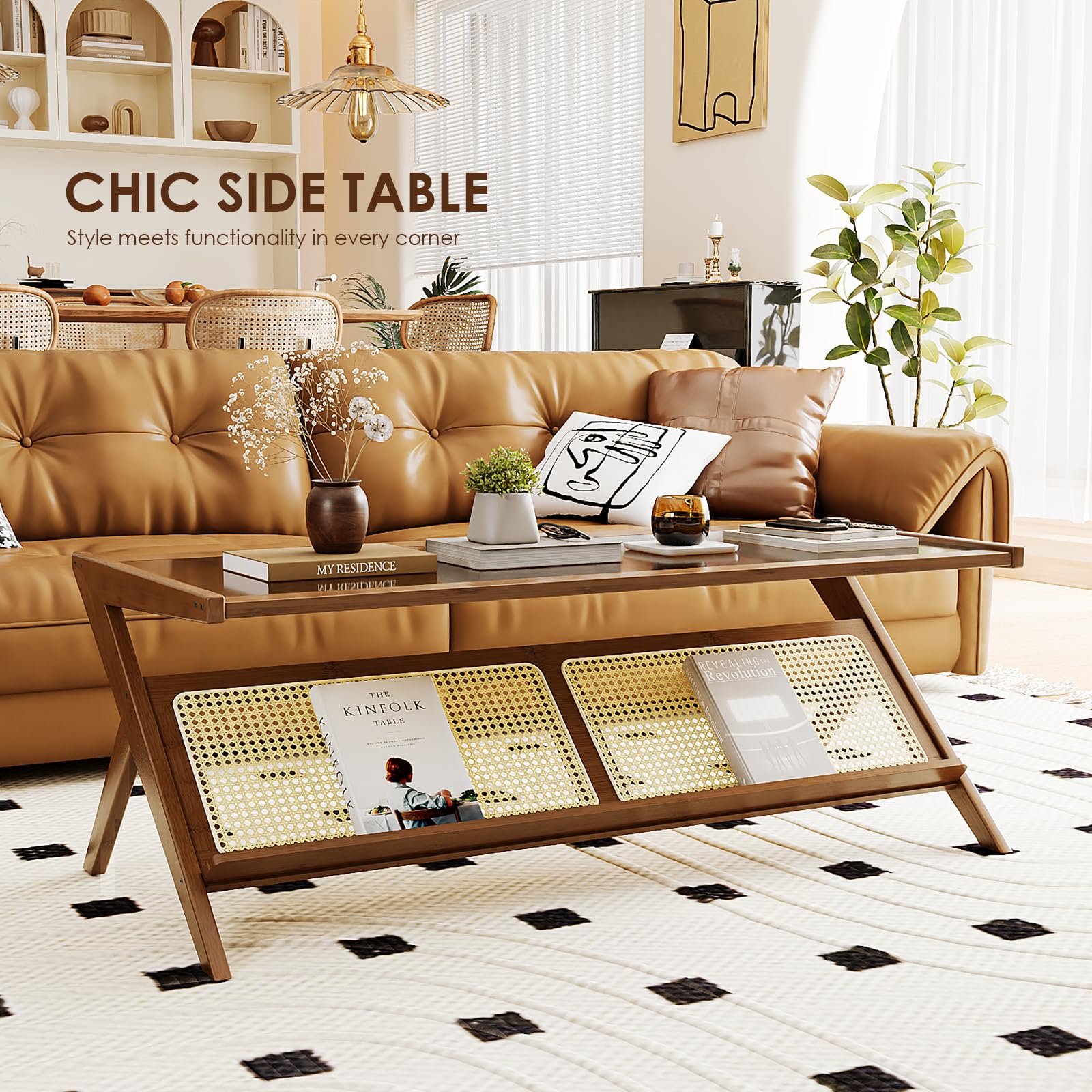 Mid-Century Modern Coffee Table with Glass Top and Rattan Storage