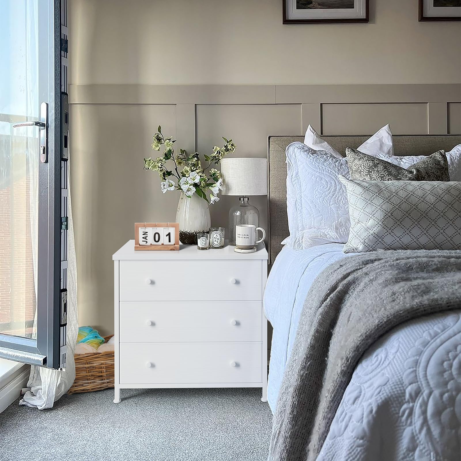 White Nightstand with 3 Fabric Drawers
