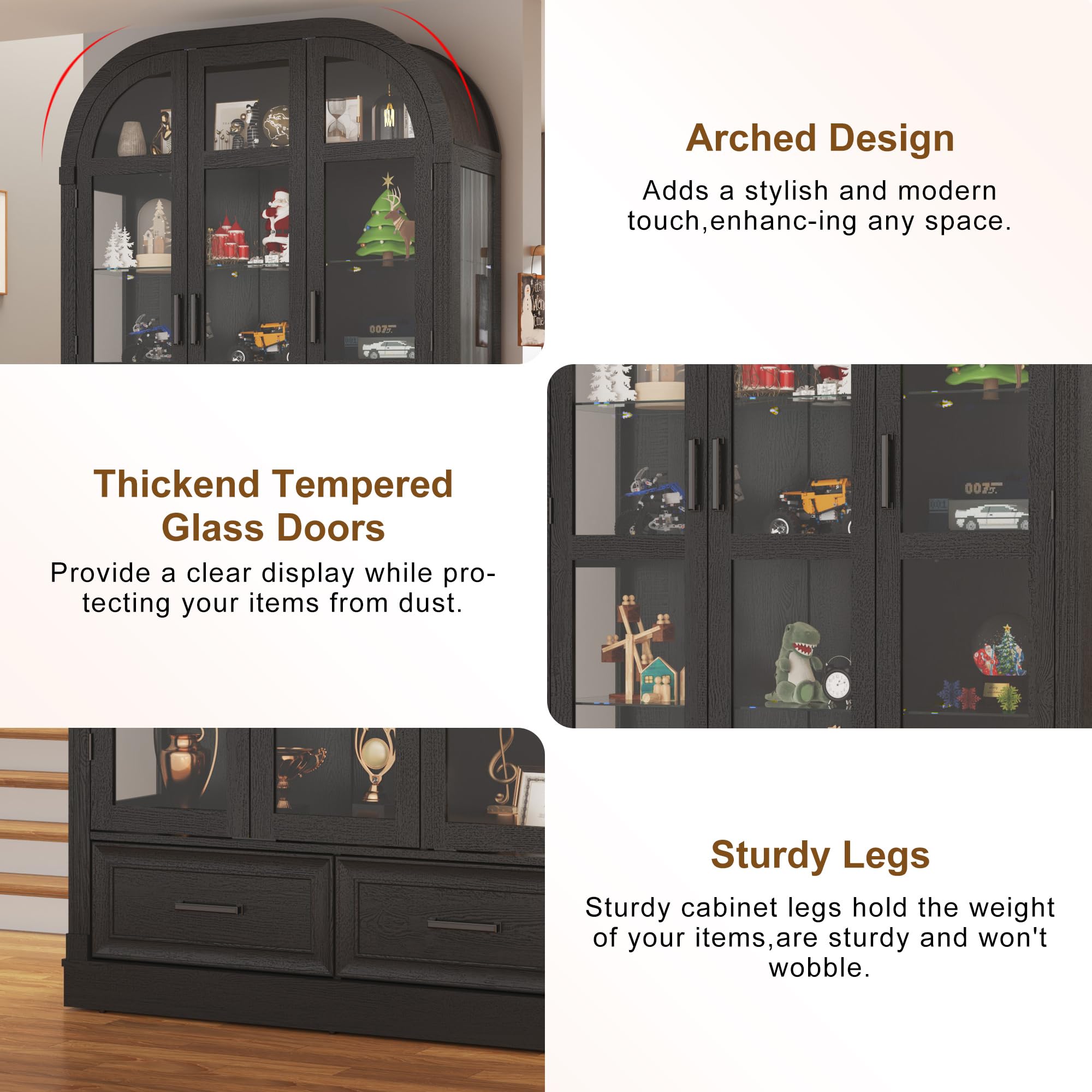 3-Door Glass Display Cabinet with LED Lights