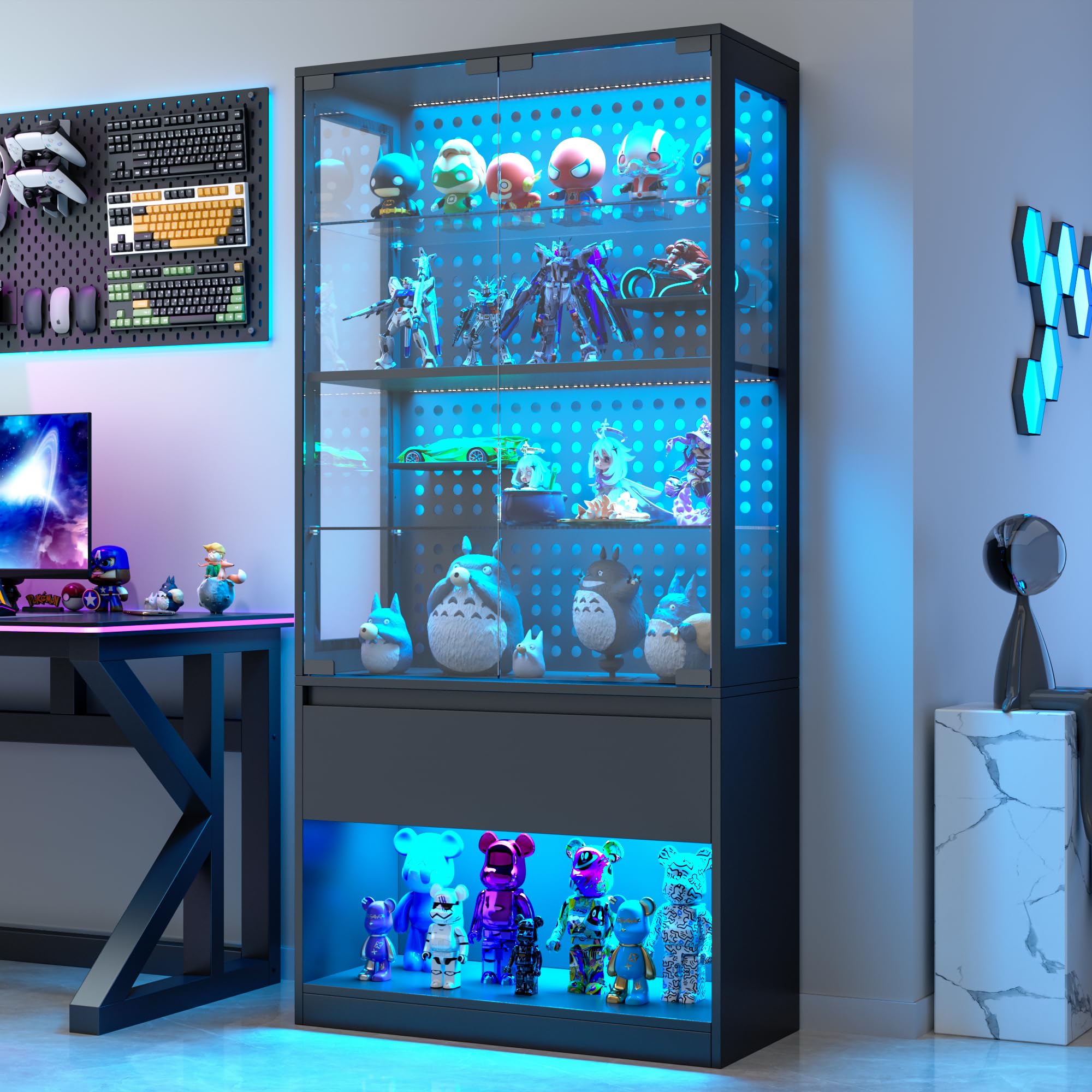 65" Glass Display Cabinet with LED Lights, Drawer & Pegboard