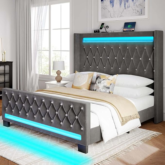 Queen Upholstered Bed Frame with LED Lighting