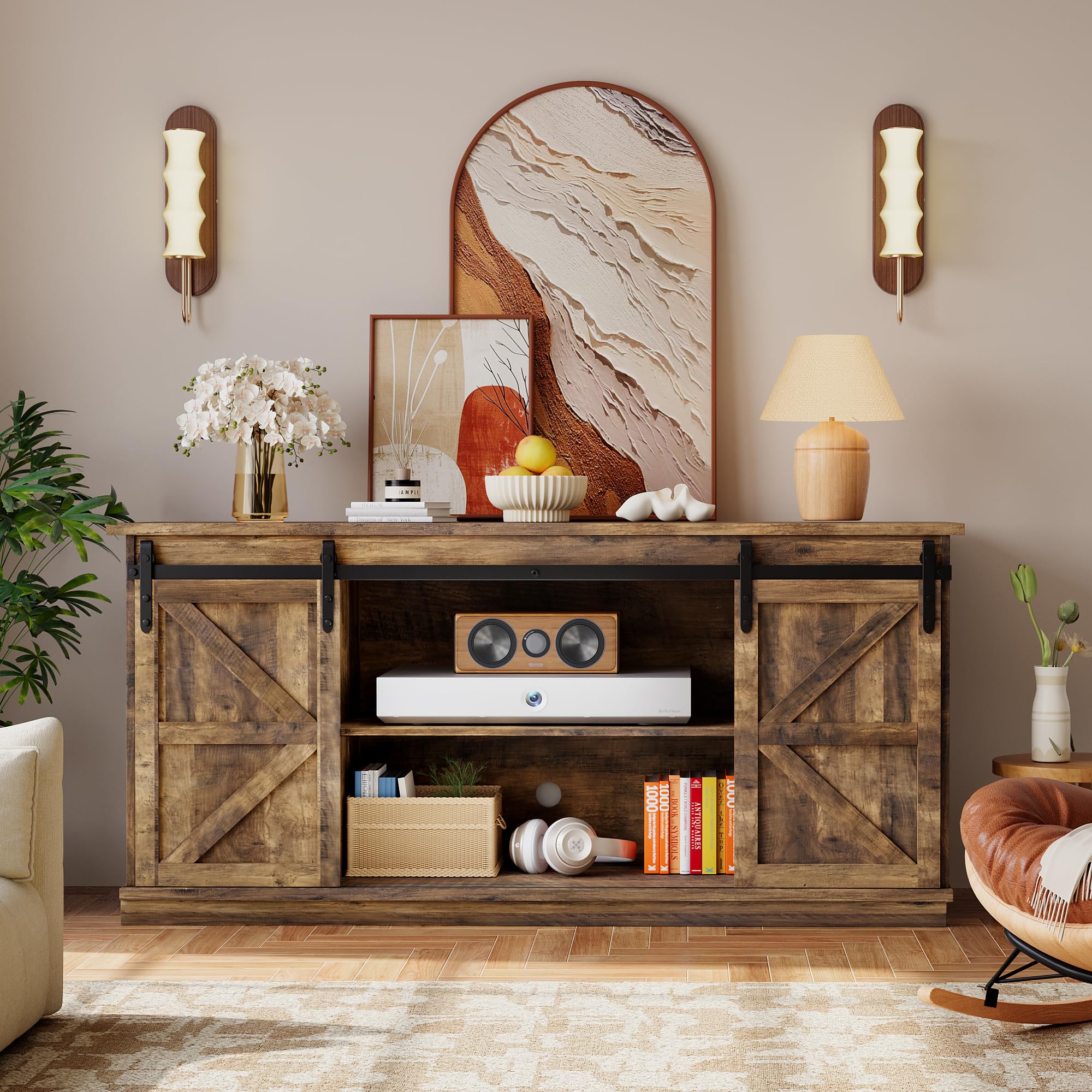 Farmhouse TV Stand for 65 Inch TV with Sliding Barn Doors