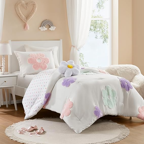 Full/Queen Pink Floral Comforter Set - 4 Piece Reversible Bedding