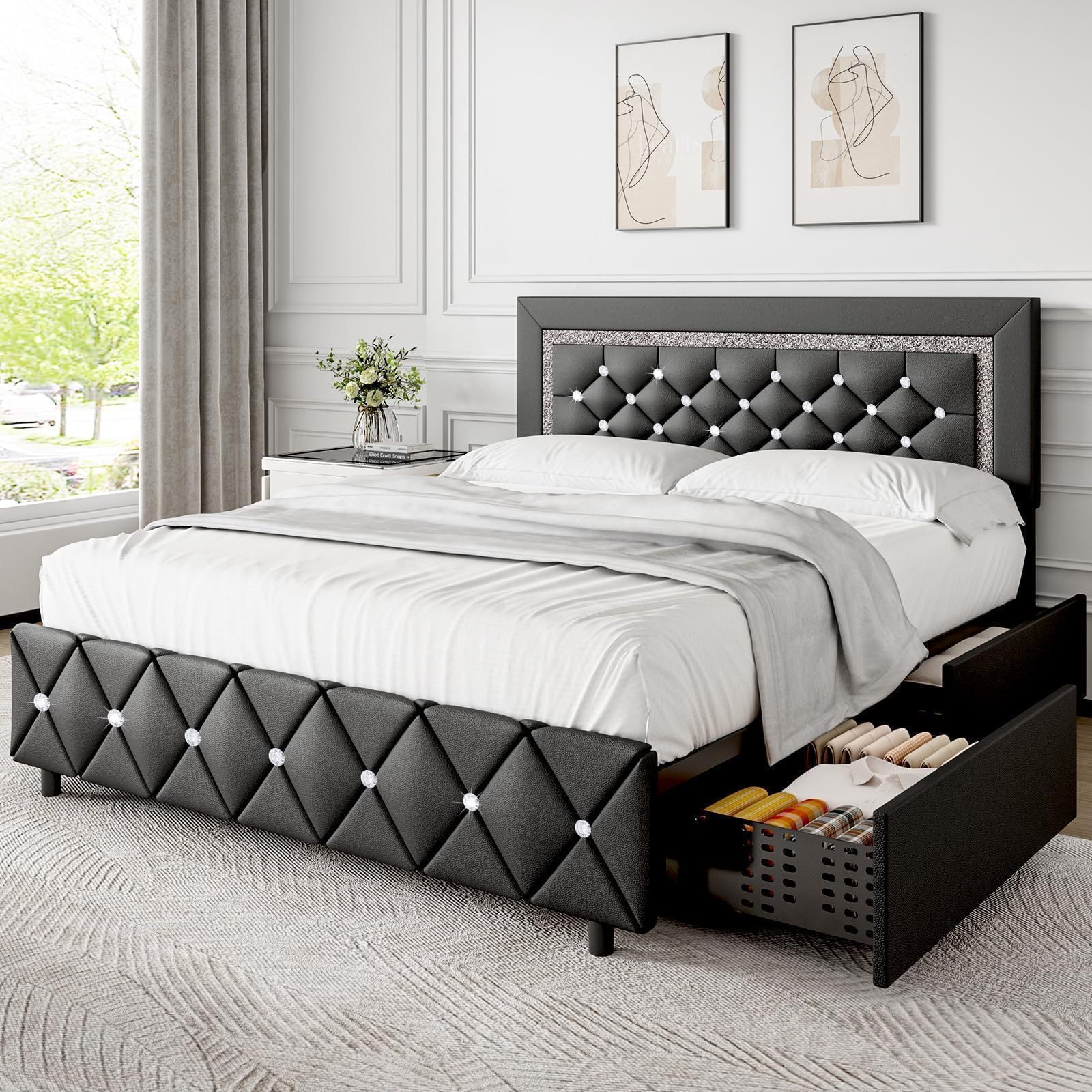 Queen LED Bed Frame with Storage Drawers