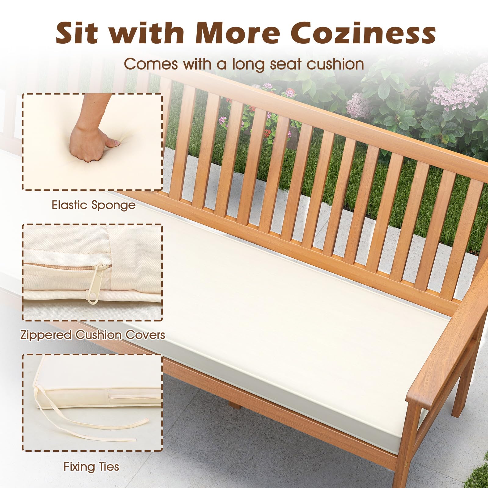 3-Person Acacia Wood Outdoor Bench with Cushion