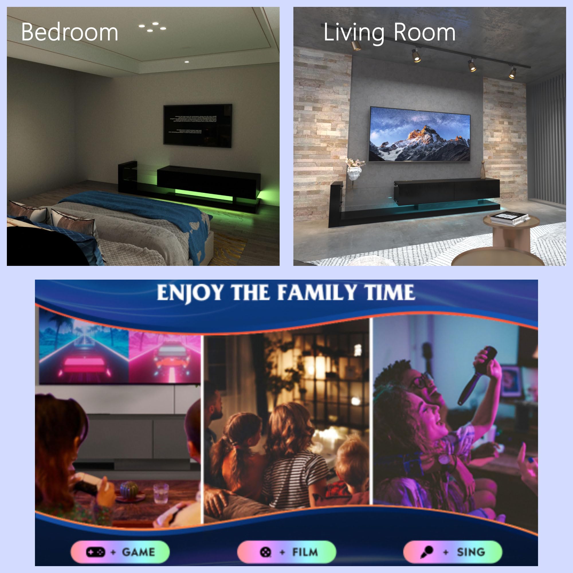 LED TV Stand with Asymmetrical Design and Tempered Glass Shelves