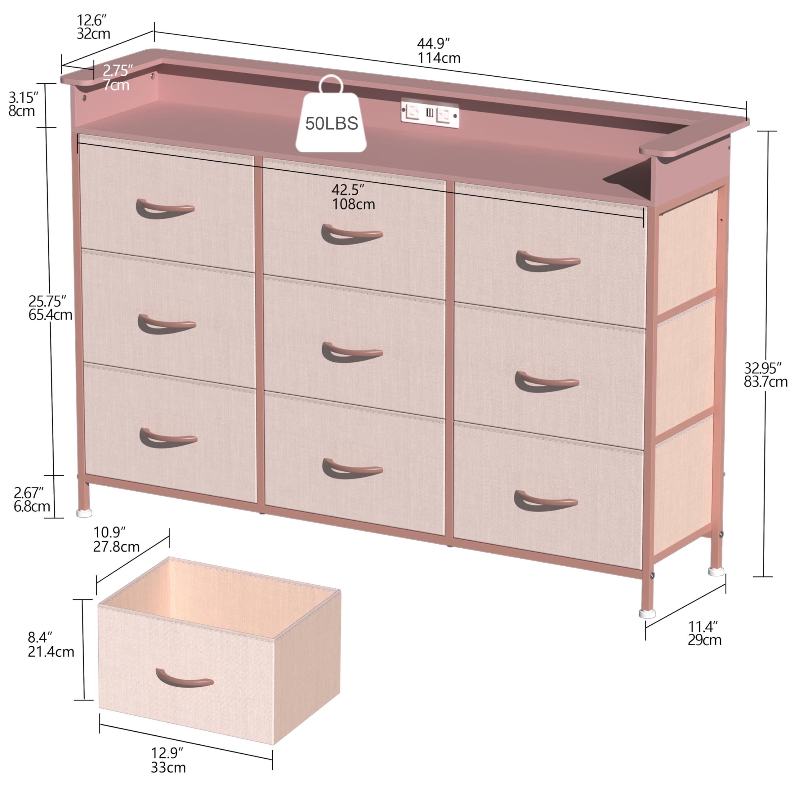 9-Drawer Dresser with LED Lights and Charging Station