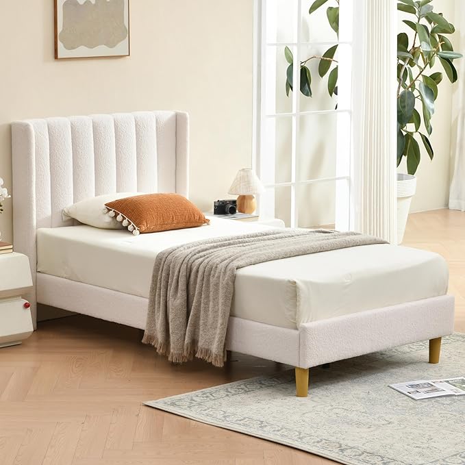 Pink Full Size Upholstered Platform Bed Frame with Wingback Headboard