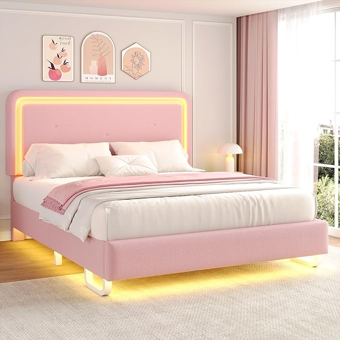 Twin Upholstered Bed Frame with LED Lights and Adjustable Headboard