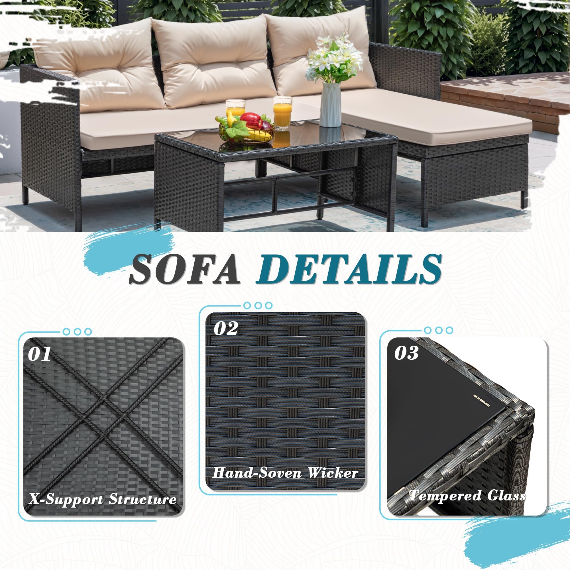 3 Piece Patio Furniture Set Outdoor Wicker Rattan Sectional Sofa with Cushions & Coffee Table