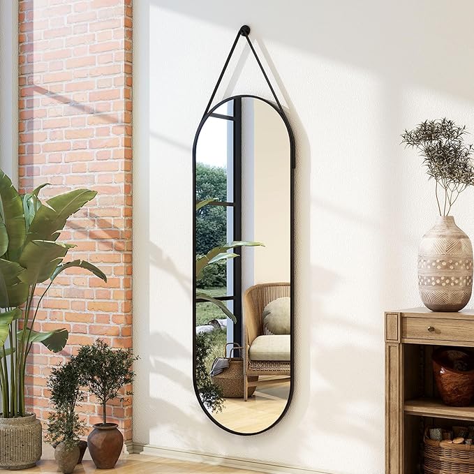 Full Length Oval Wall Mirror 16x48 with Leather Hanging Strap