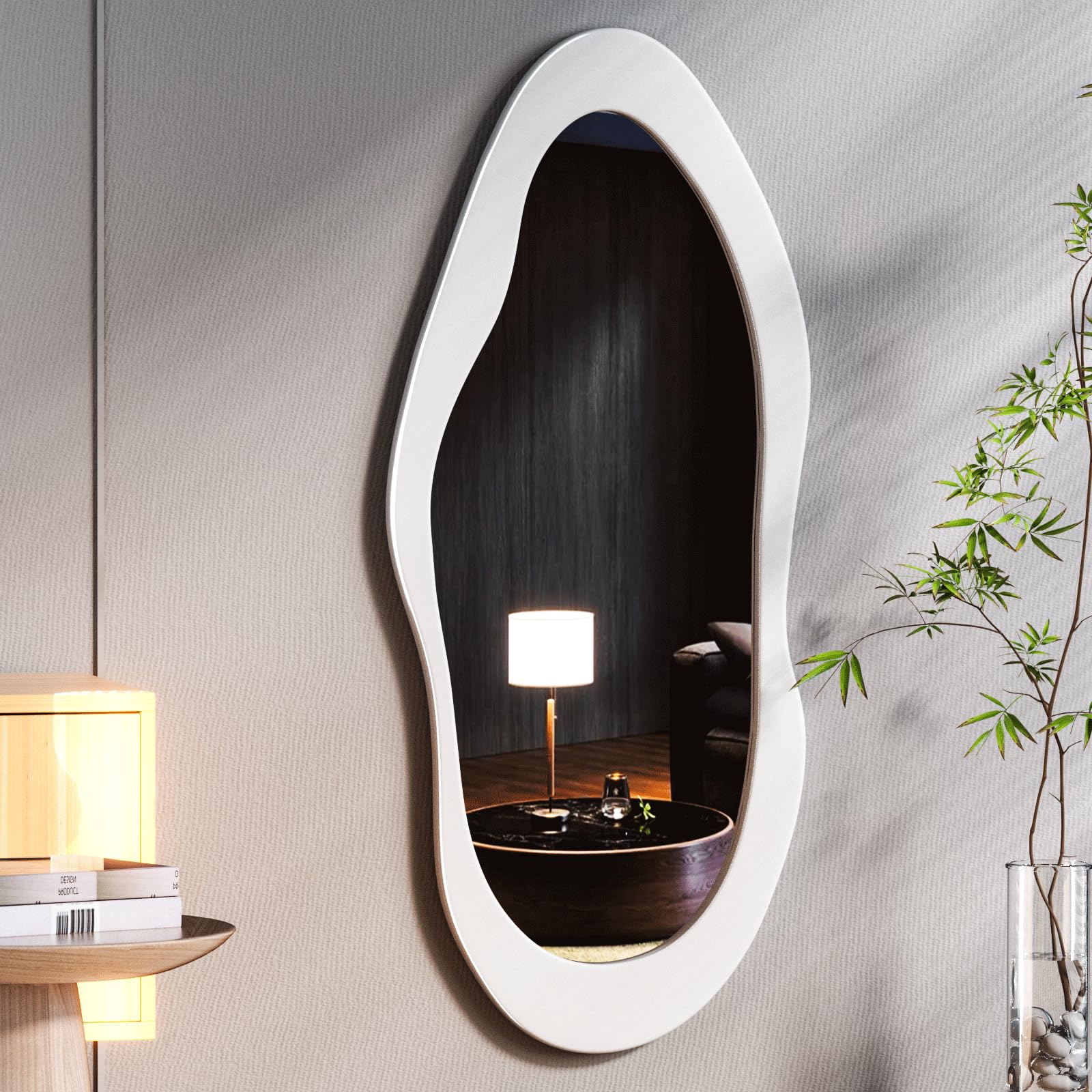 Irregular Wavy Full Length Mirror White Wooden Frame