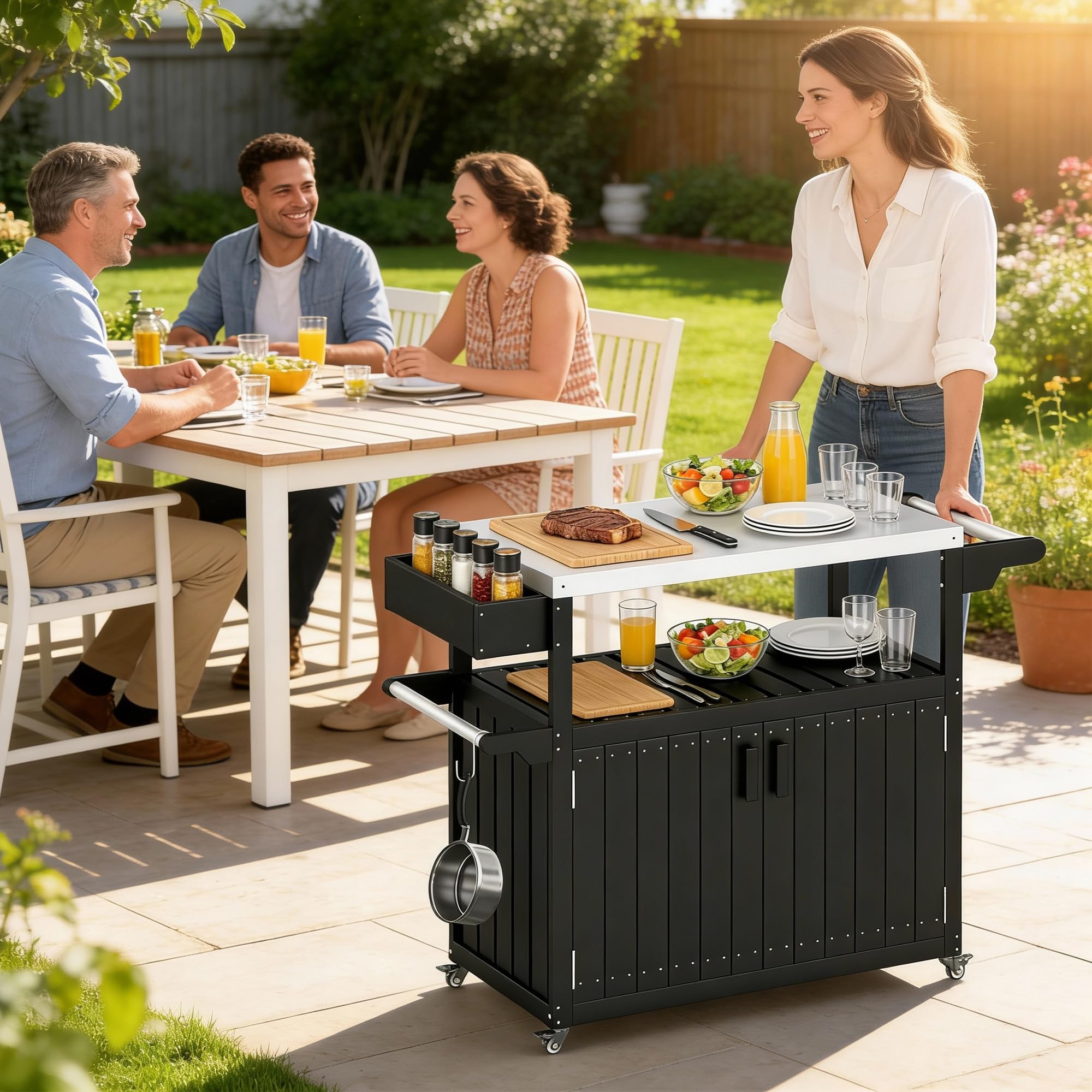 Outdoor Bar Cart with Storage Cabinet