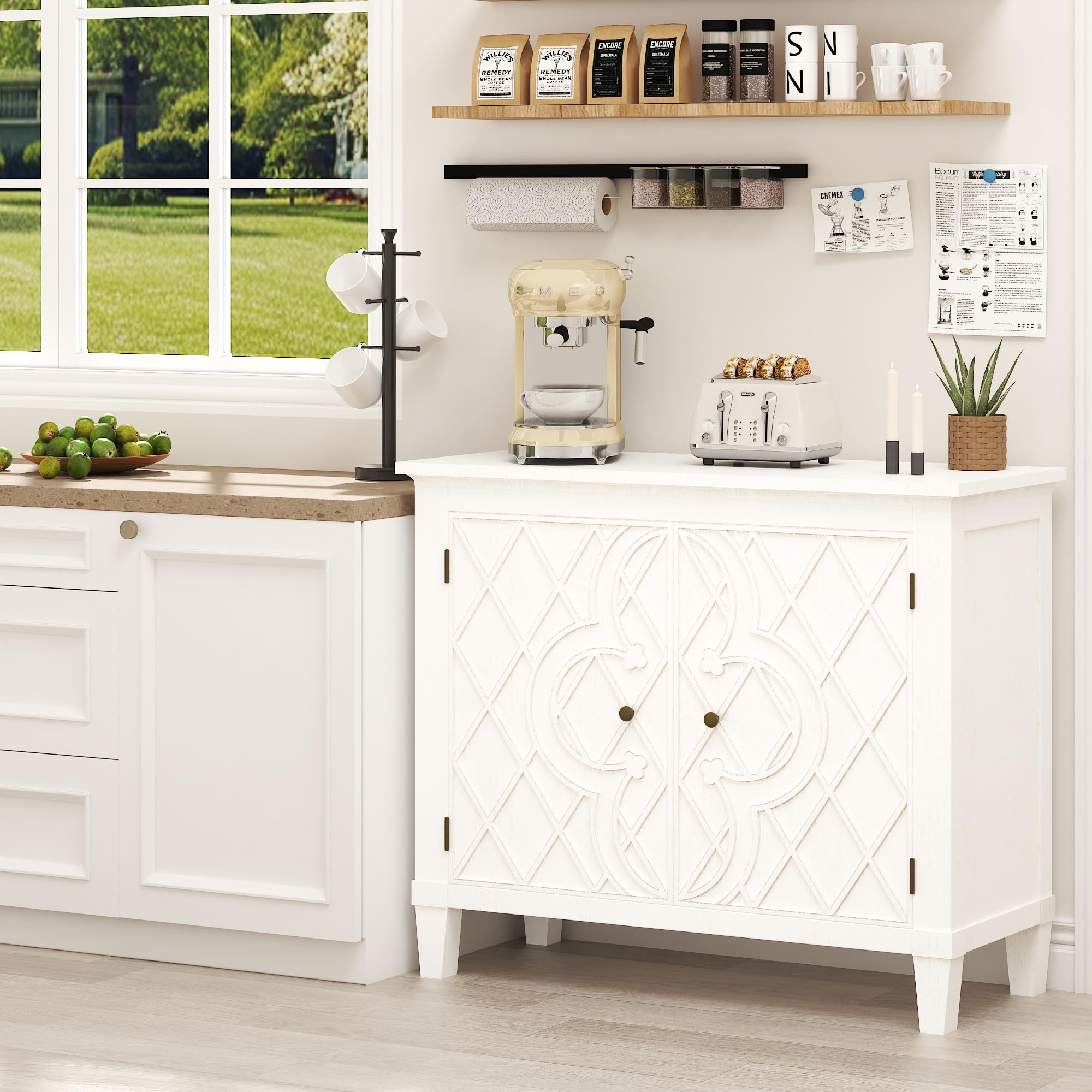 Distressed White Storage Cabinet with Carved Doors