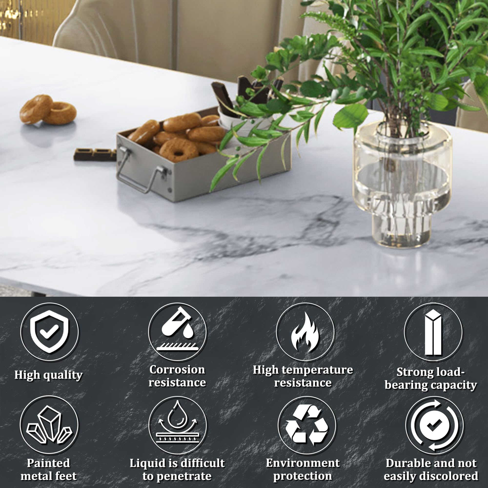 63" Sintered Stone Dining Table with Metal Legs