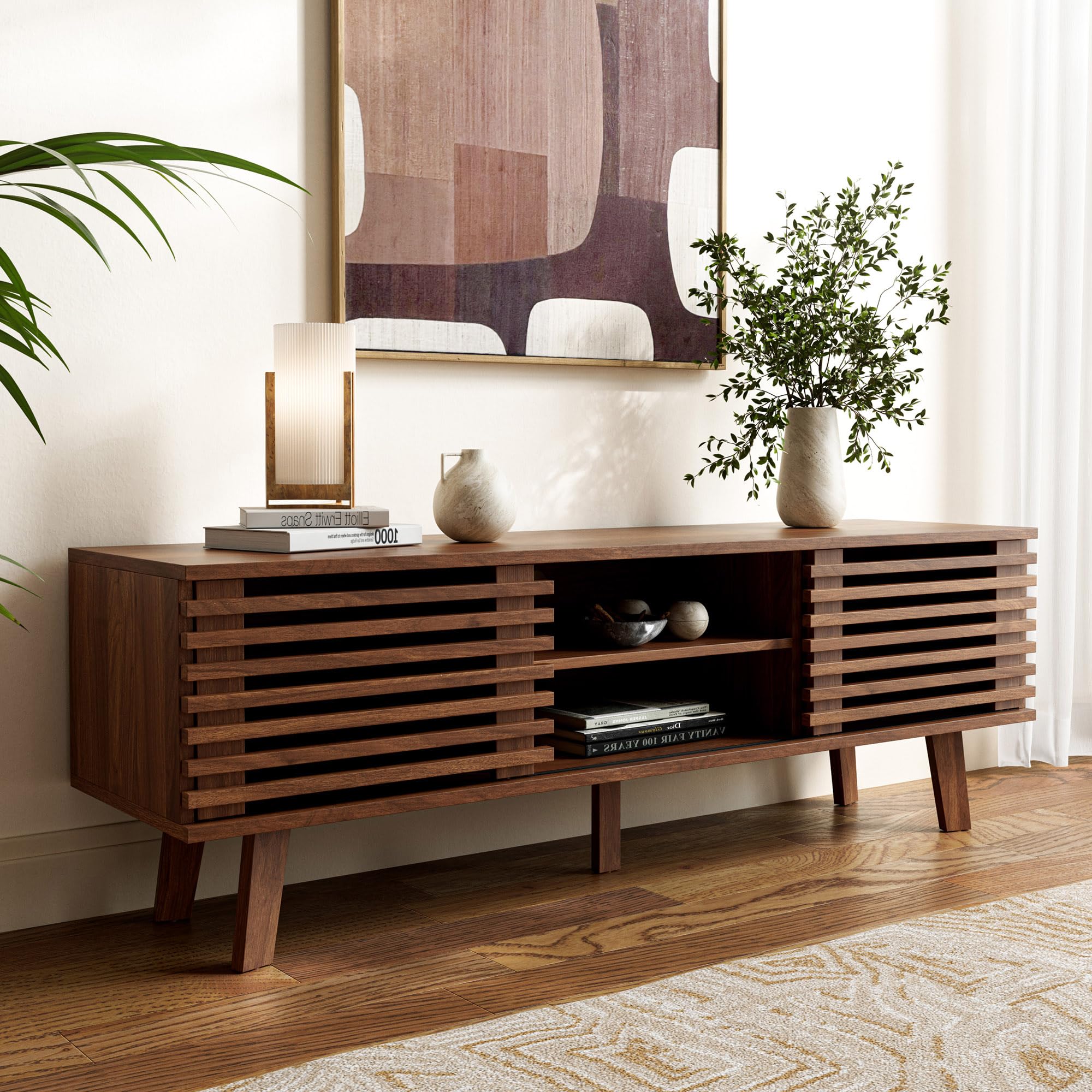 Mid Century Modern TV Stand with Storage and Sliding Door