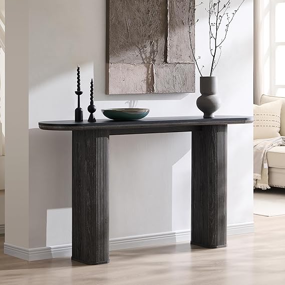 Modern Console Table with Arc Marble Texture Top and Fluted Wood Base